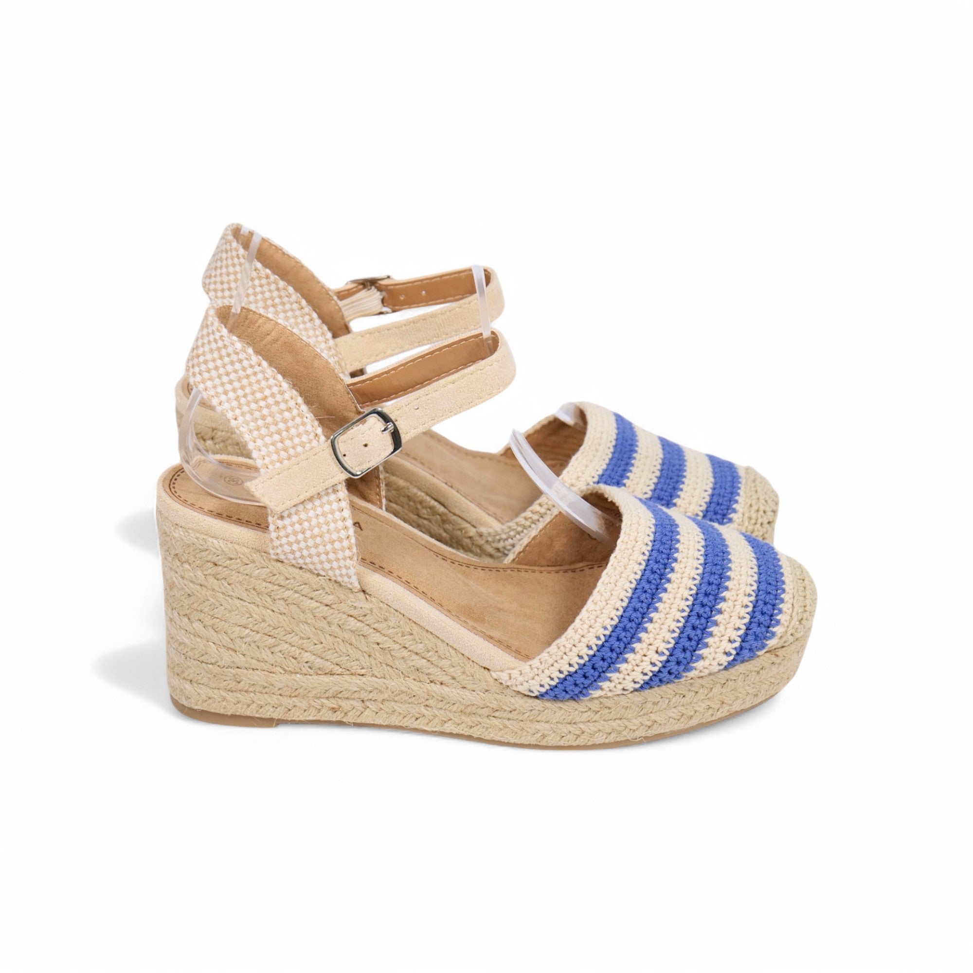 Alpargatas de cuña baja para mujer con rayas tejidas estilo marinero, sandalias espadrille con puntera cerrada y plataforma de yute trenzado, pulsera al tobillo con hebilla ajustable, zapatos casuales de verano en tonos beige y azul