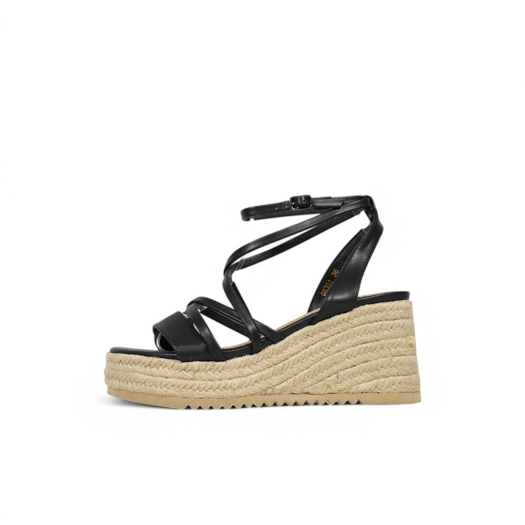 Sandalias de cuña con plataforma y tiras cruzadas para mujer, estilo espadrille con hebilla ajustable y suela de yute – disponibles en negro, blanco y dorado – calzado de verano cómodo y elegante