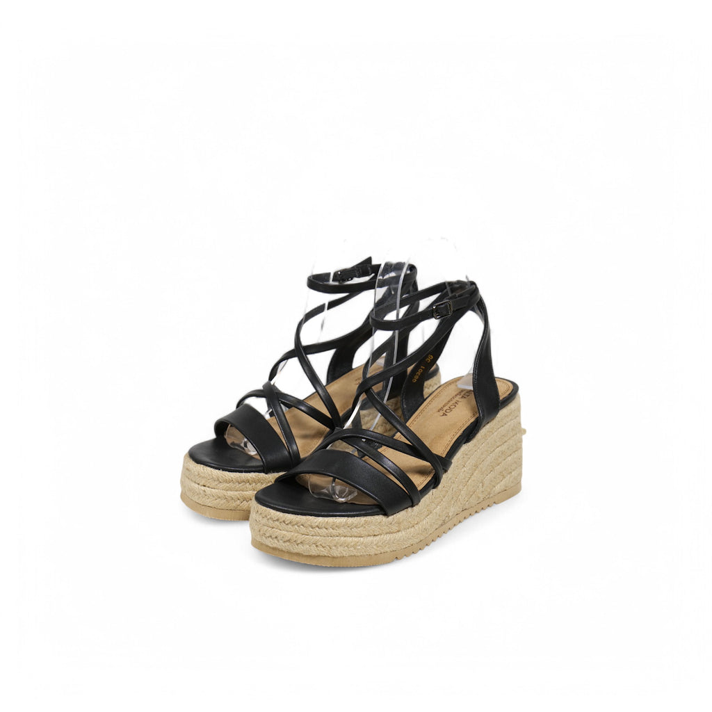 Sandalias de cuña con plataforma y tiras cruzadas para mujer, estilo espadrille con hebilla ajustable y suela de yute – disponibles en negro, blanco y dorado – calzado de verano cómodo y elegante