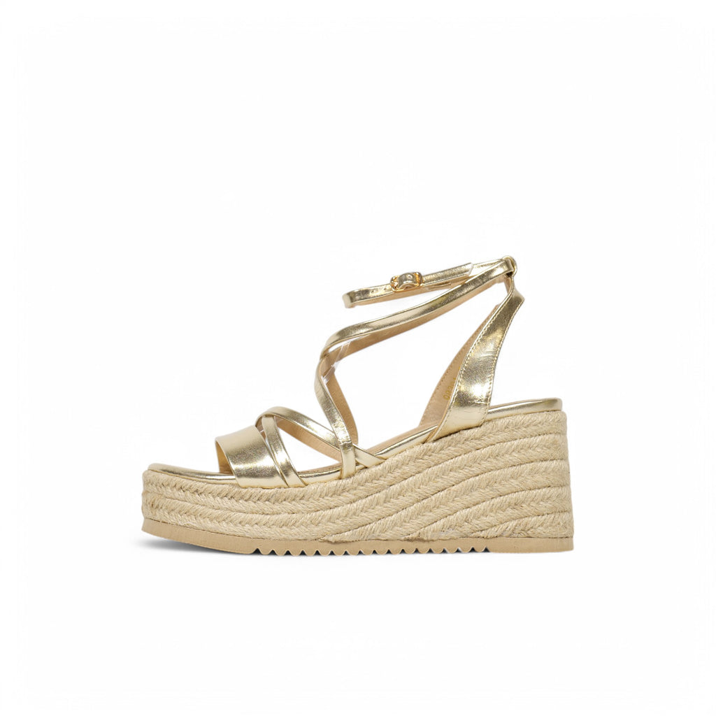 Sandalias de cuña con plataforma y tiras cruzadas para mujer, estilo espadrille con hebilla ajustable y suela de yute – disponibles en negro, blanco y dorado – calzado de verano cómodo y elegante