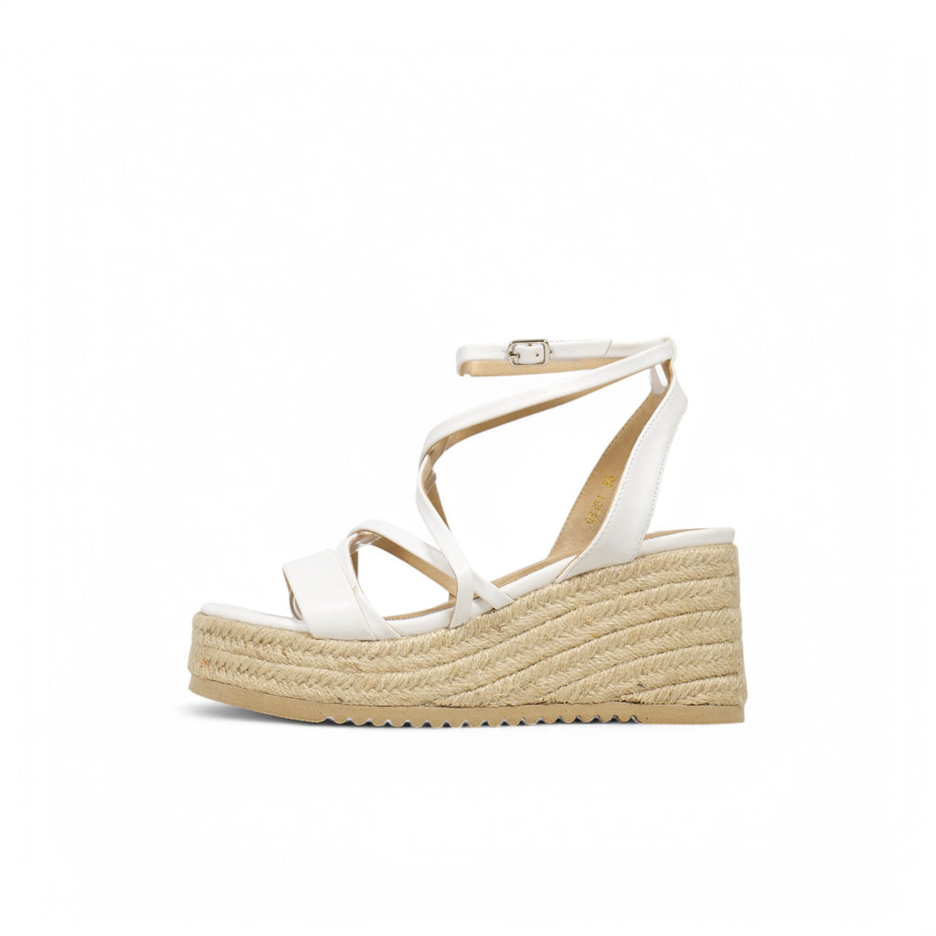 Sandalias de cuña con plataforma y tiras cruzadas para mujer, estilo espadrille con hebilla ajustable y suela de yute – disponibles en negro, blanco y dorado – calzado de verano cómodo y elegante