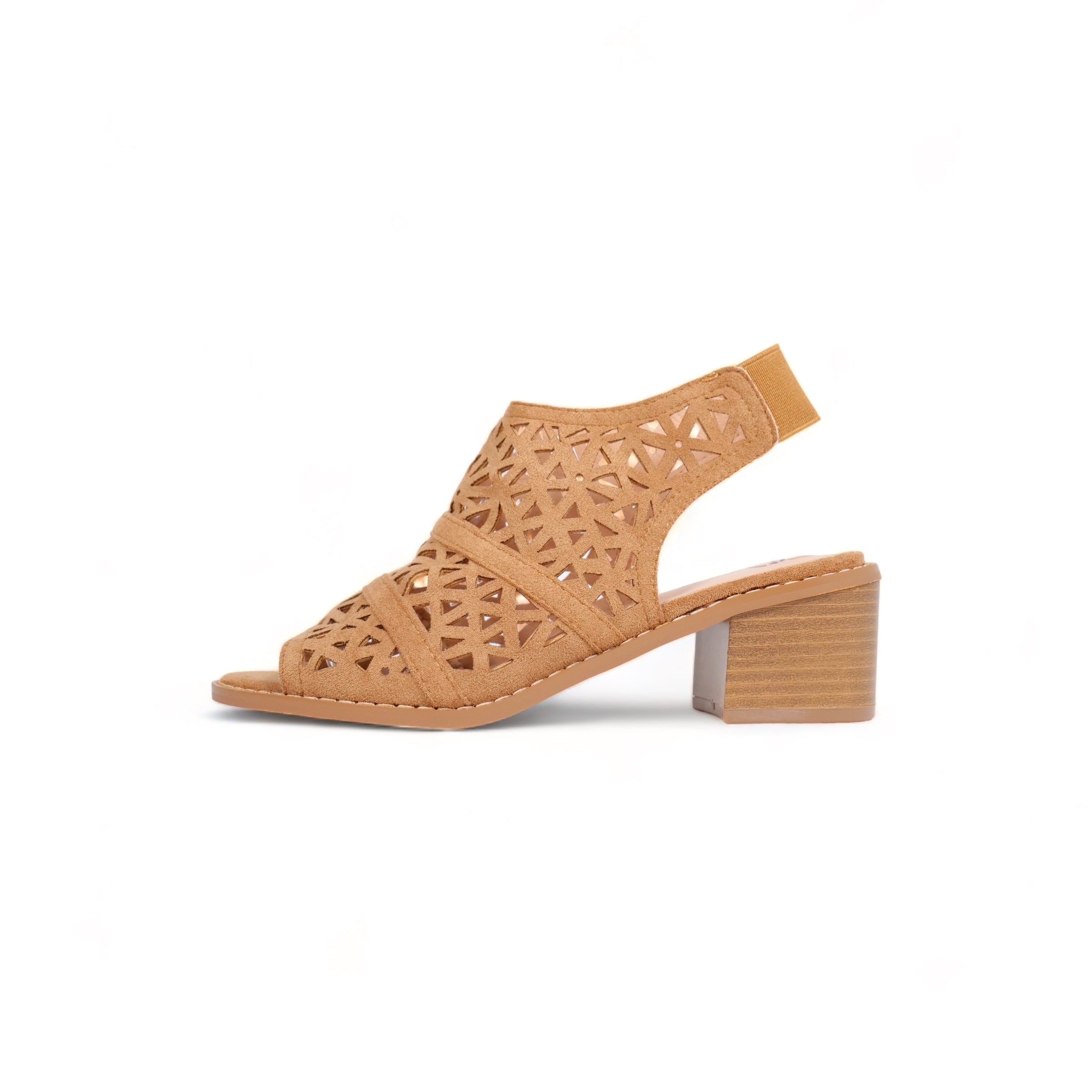 Sandalias de tacón medio para mujer con diseño calado láser, punta abierta y talón descubierto con elástico, elegantes y cómodas para primavera y verano, color camel