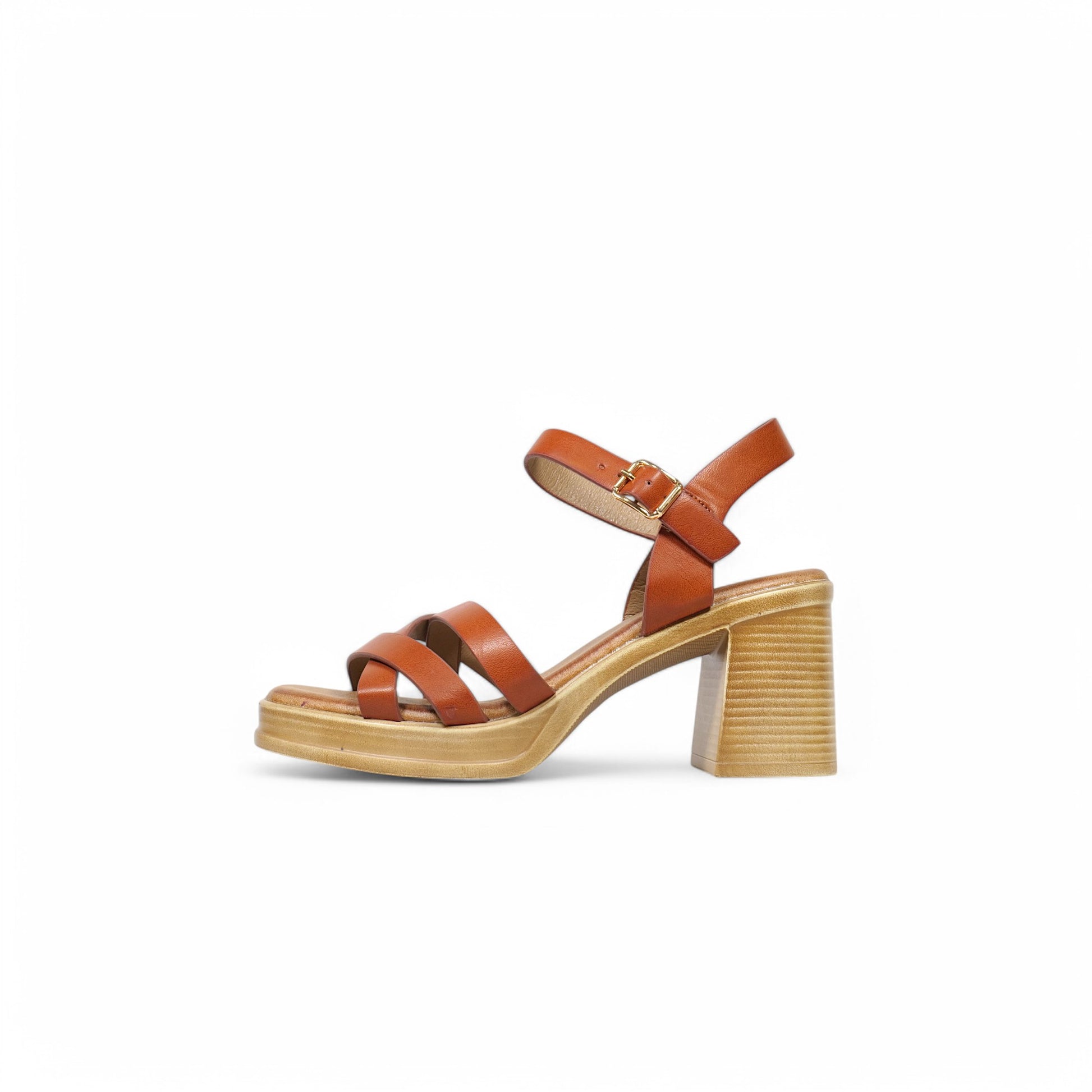 Sandalias con plataforma de efecto madera y tiras cruzadas – Estilo retro y cómodo en colores camel o khaki – Tacón medio para primavera/verano – Perfectas para looks casuales, boho o urbanos
