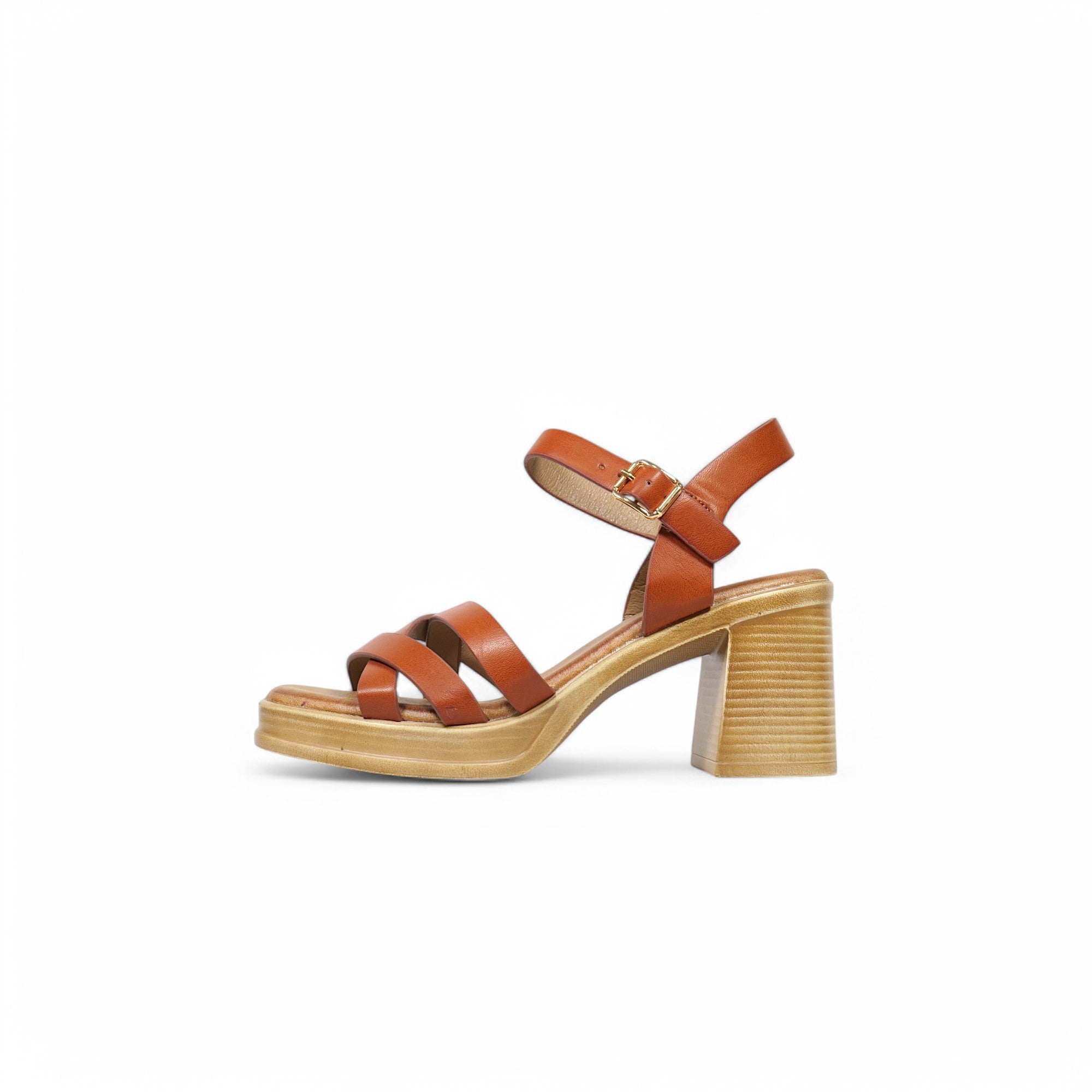 Sandalias con plataforma de efecto madera y tiras cruzadas – Estilo retro y cómodo en colores camel o khaki – Tacón medio para primavera/verano – Perfectas para looks casuales, boho o urbanos