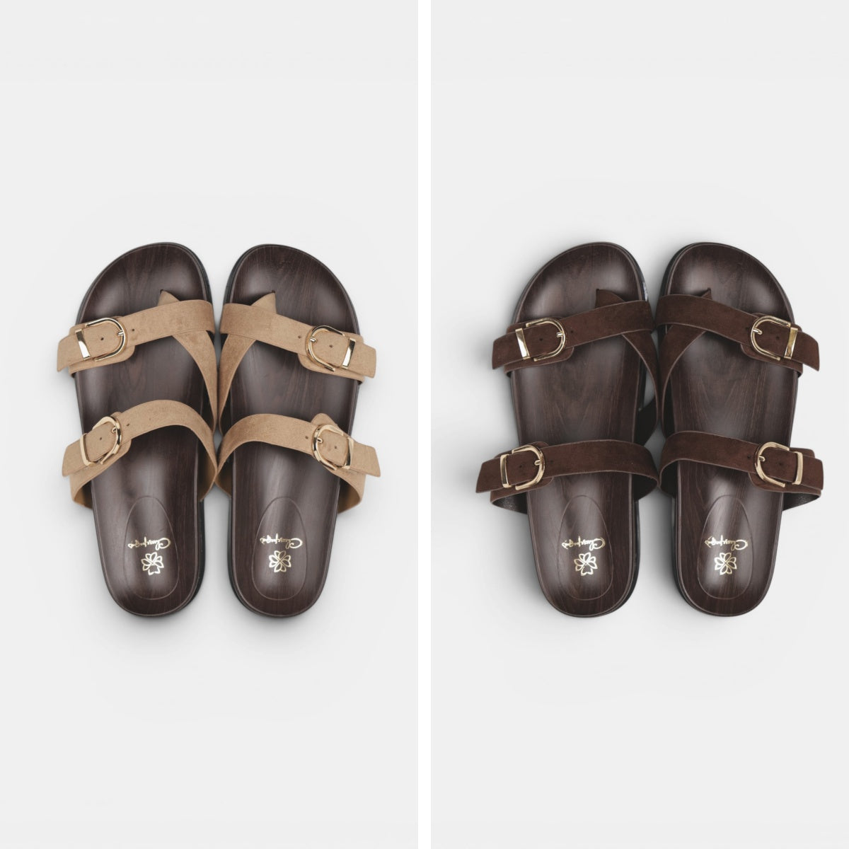 Sandalias Planas Doble Tira con Separación para el Dedo, Doble Hebilla Dorada y Plantilla Efecto Madera para Verano, Vacaciones y Looks Casuales