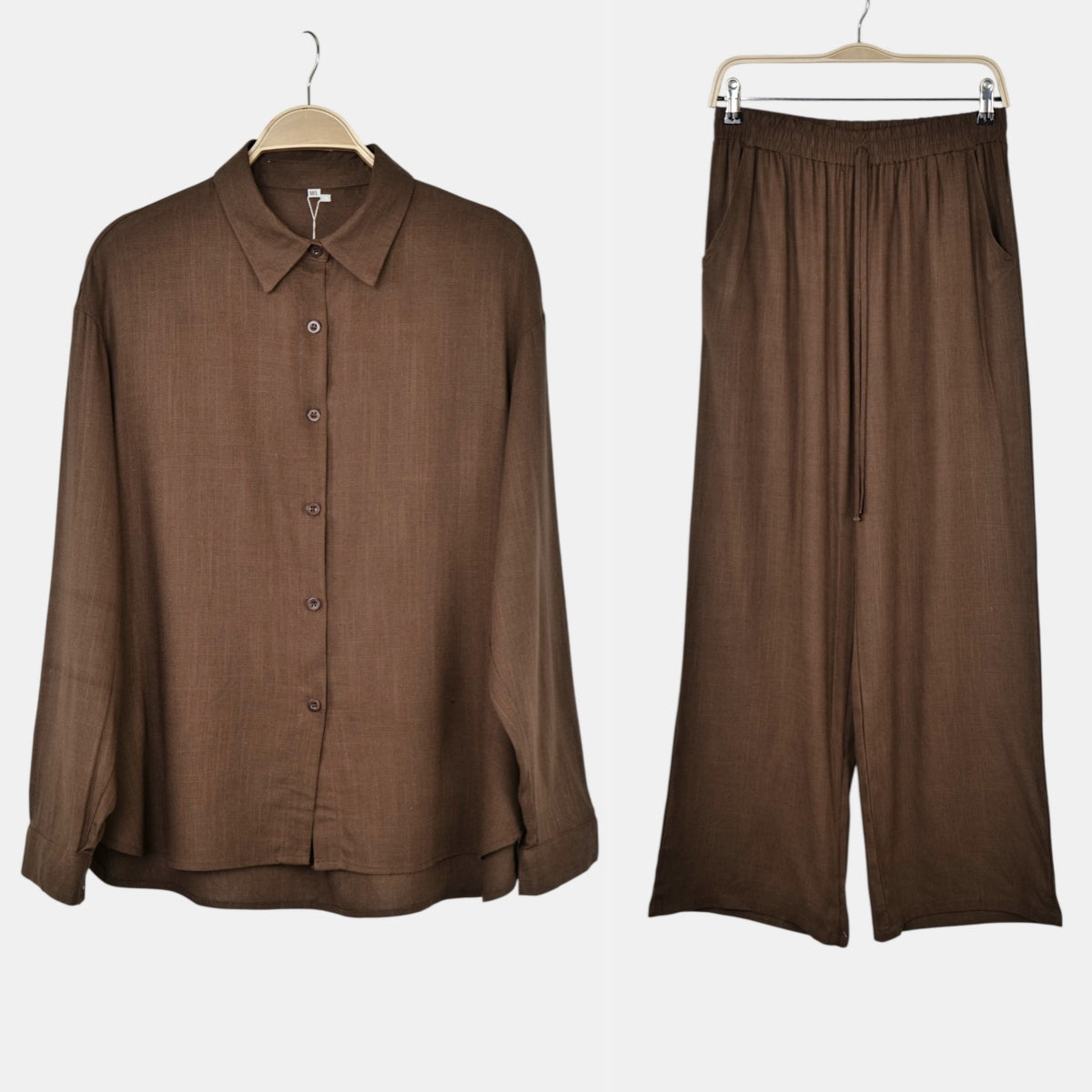 Conjunto mujer lino camisa manga larga y pantalón palazzo ancho cintura elástica, set dos piezas elegante casual holgado minimalista outfit verano cómodo estilo classy moda femenina