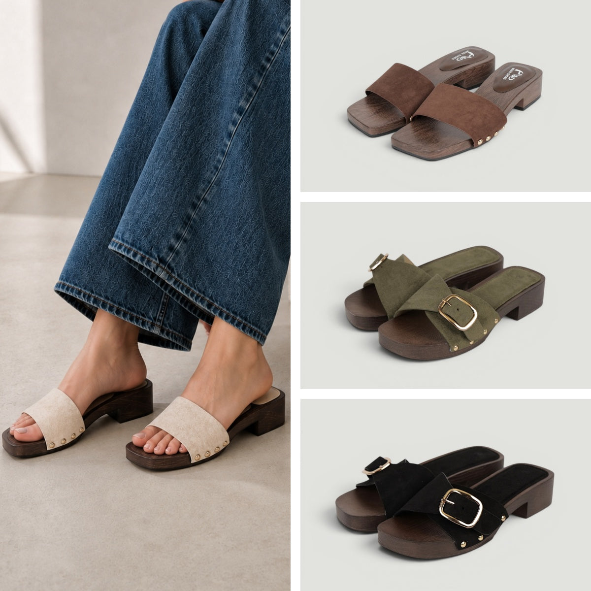 Zuecos Abiertos Tacón Bajo con Hebilla , Zuecos de mujer con acabado efecto gamuza sintética y detalle de hebilla metálica, sandalias cómodas de tacón ancho bajo ideales para verano y looks casuales