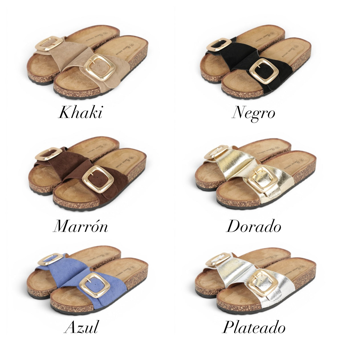Sandalias planas de tira efecto ante para mujer con hebilla grande dorada mate, sandalias confort con plantilla suave y cómoda, sandalias casual verano de suela corcho sintético en marrón chocolate, beige, negro y blanco