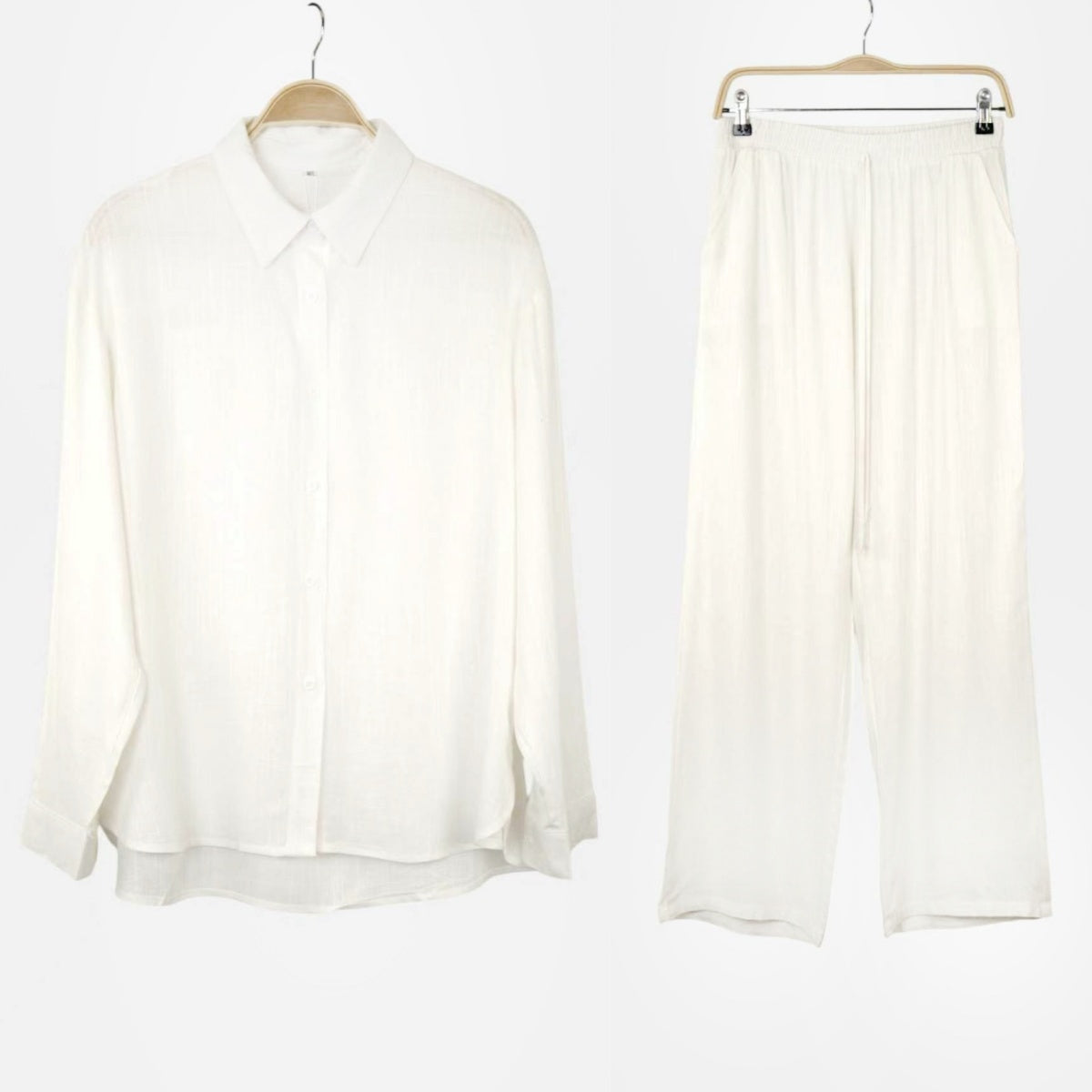 Conjunto mujer lino camisa manga larga y pantalón palazzo ancho cintura elástica, set dos piezas elegante casual holgado minimalista outfit verano cómodo estilo classy moda femenina