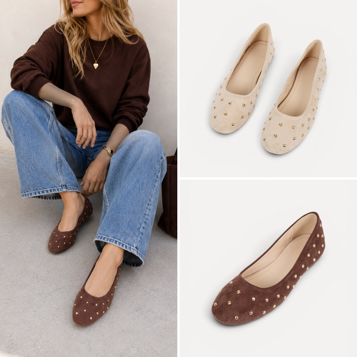 Manoletinas bailarinas con tachas doradas para mujer, zapato plano cómodo, punta redonda, gamuza sintética, plantilla acolchada, calzado casual elegante para diario, oficina, fiestas y eventos