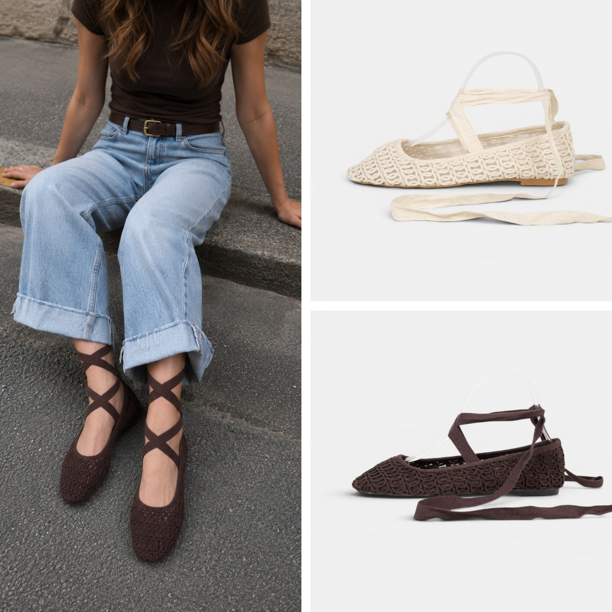 Bailarinas de Crochet con Cintas Largas, ajustables al tobillo en color beige y marrón chocolate, zapatos planos estilo ballet para verano, vacaciones y looks boho chic con vestidos, lino o jeans relajados