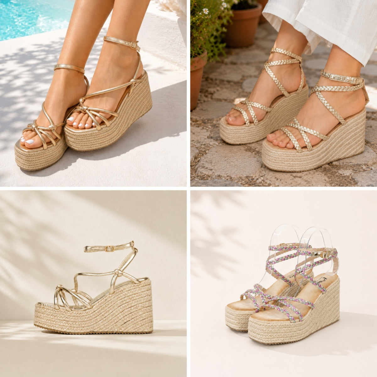 Sandalias de Cuña 11cm con Plataforma Alta Efecto Yute y Tiras con Nudos Decorativos, Sandalia con Pulsera Ajustable de Cuero Sintético para Verano, Fiesta, Vacaciones y Event