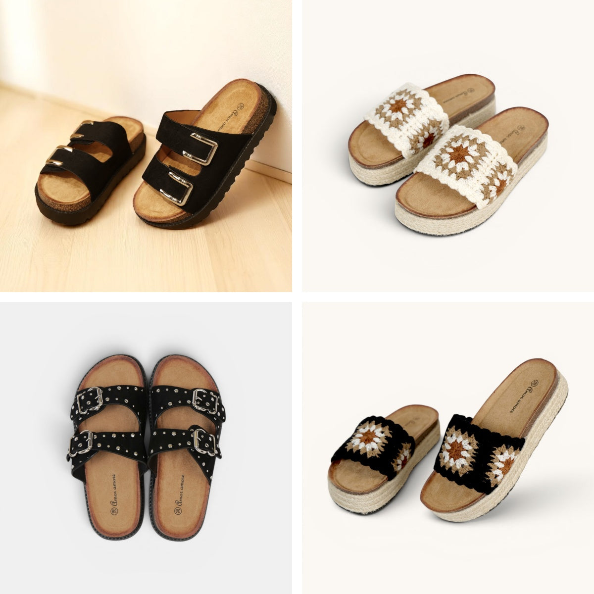 Sandalias Bio con Plataforma y Doble Hebilla de Velcro, Hebilla con Tachuales, Tira Ancha de Crochet Floral