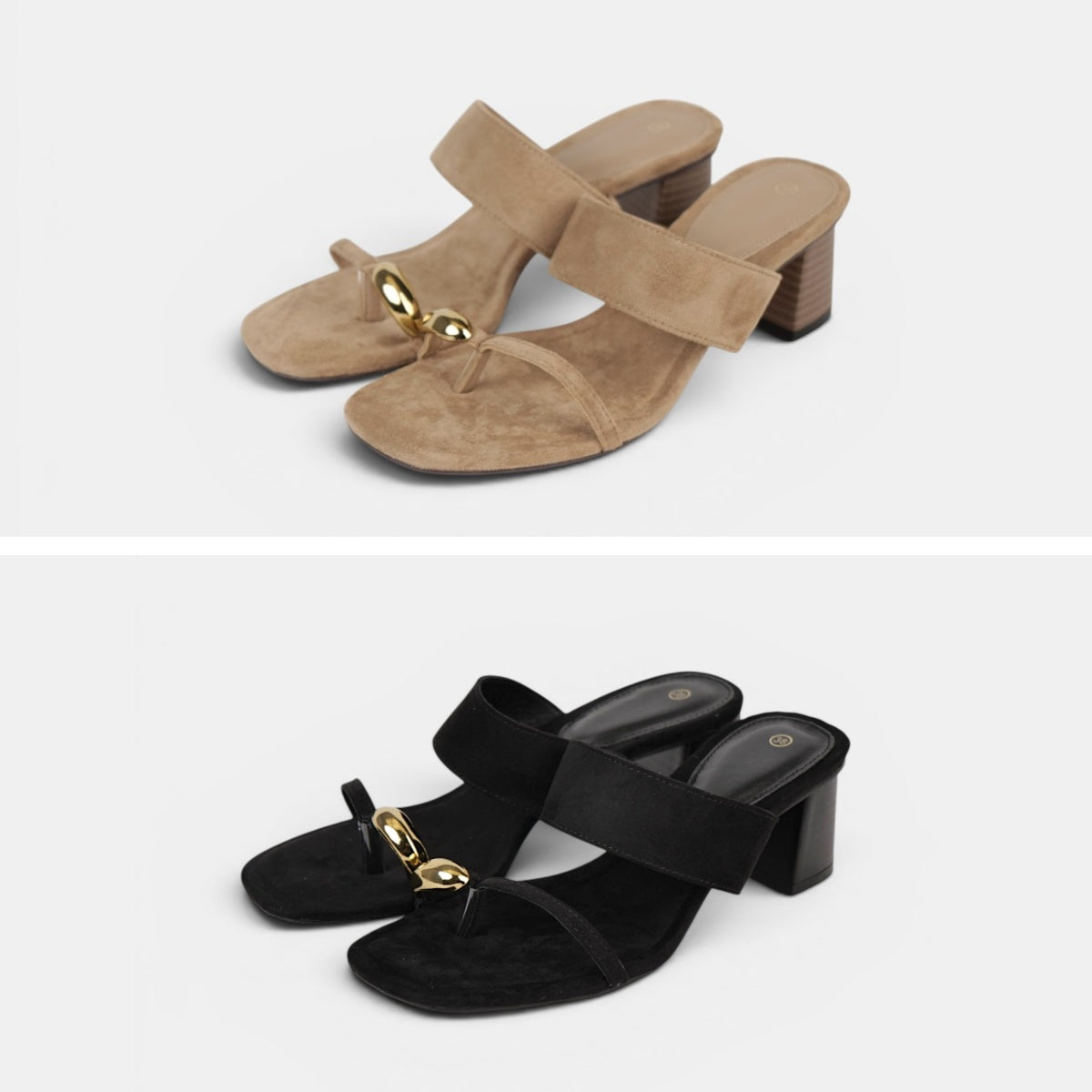 Sandalias Anillo de Tacón Medio Minimalista, Sandalias efecto ante con detalle metálico dorado y dedo separado, mules elegantes y cómodas para mujer en color negro y beige camel, ideales para looks casual chic, oficina y eventos de verano