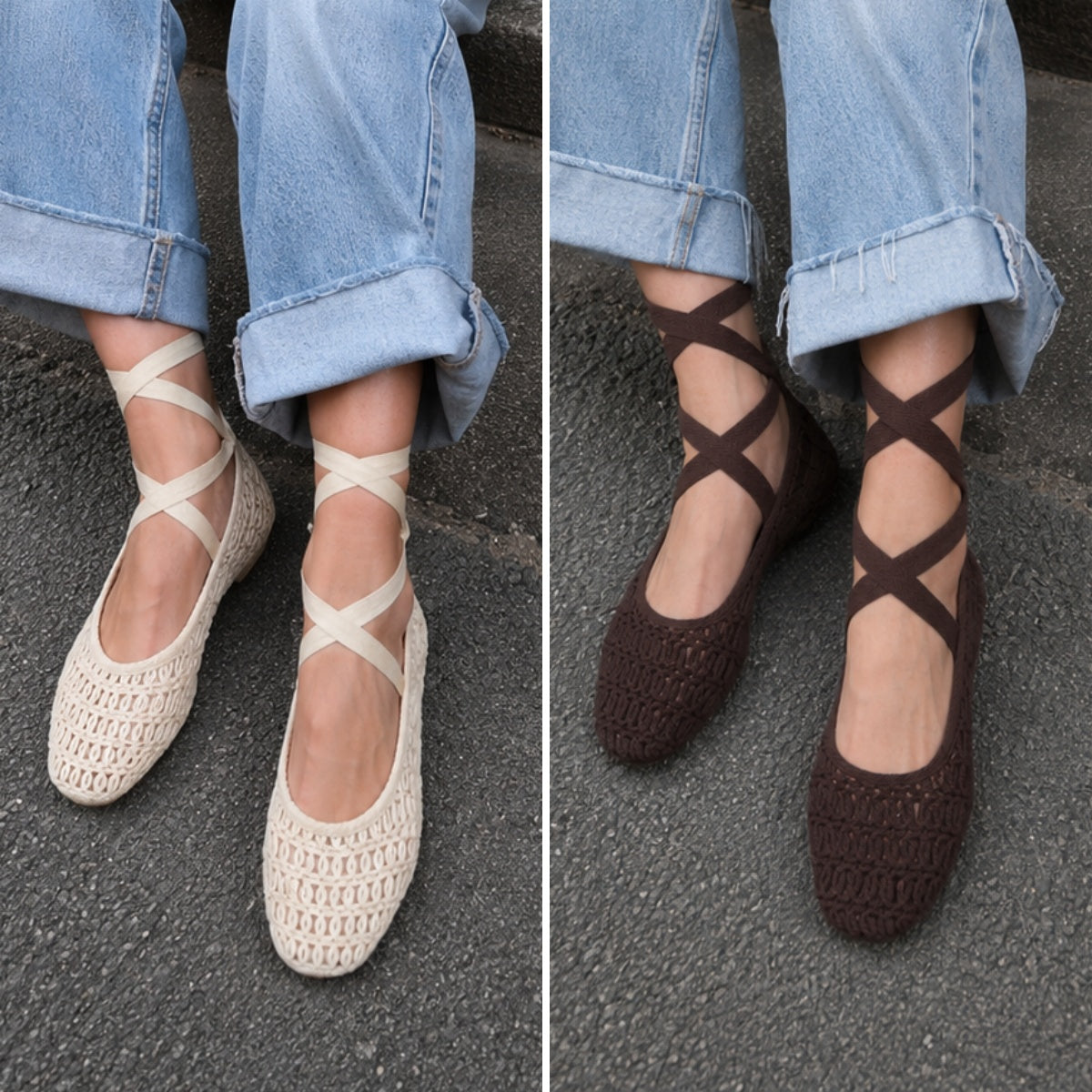 Bailarinas de Crochet con Cintas Largas, ajustables al tobillo en color beige y marrón chocolate, zapatos planos estilo ballet para verano, vacaciones y looks boho chic con vestidos, lino o jeans relajados