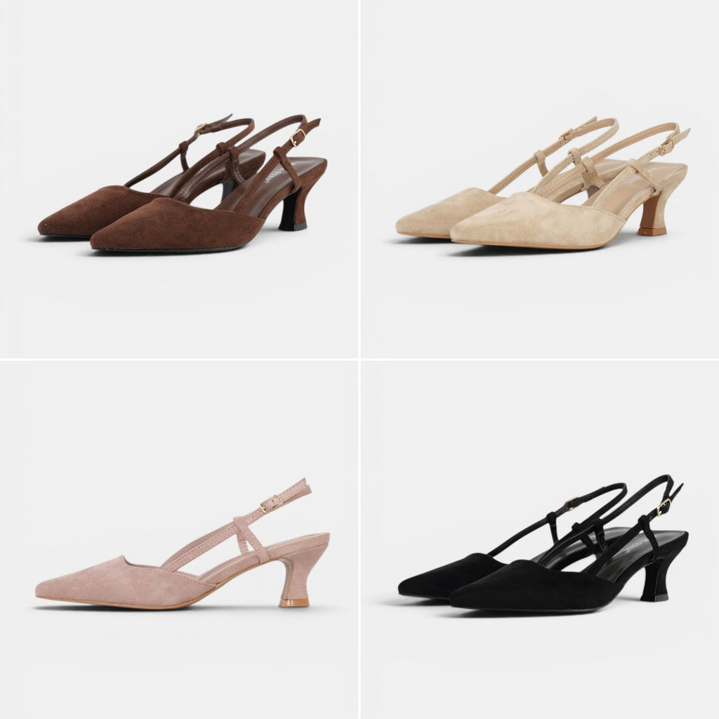 Zapatos de tacón slingback elegantes para mujer con punta fina, zapatos destalonados de terciopelo, tacón bajo cómodo con tira trasera ajustable en beige, rosa, marrón chocolate y negro para comuniones bodas eventos importantes