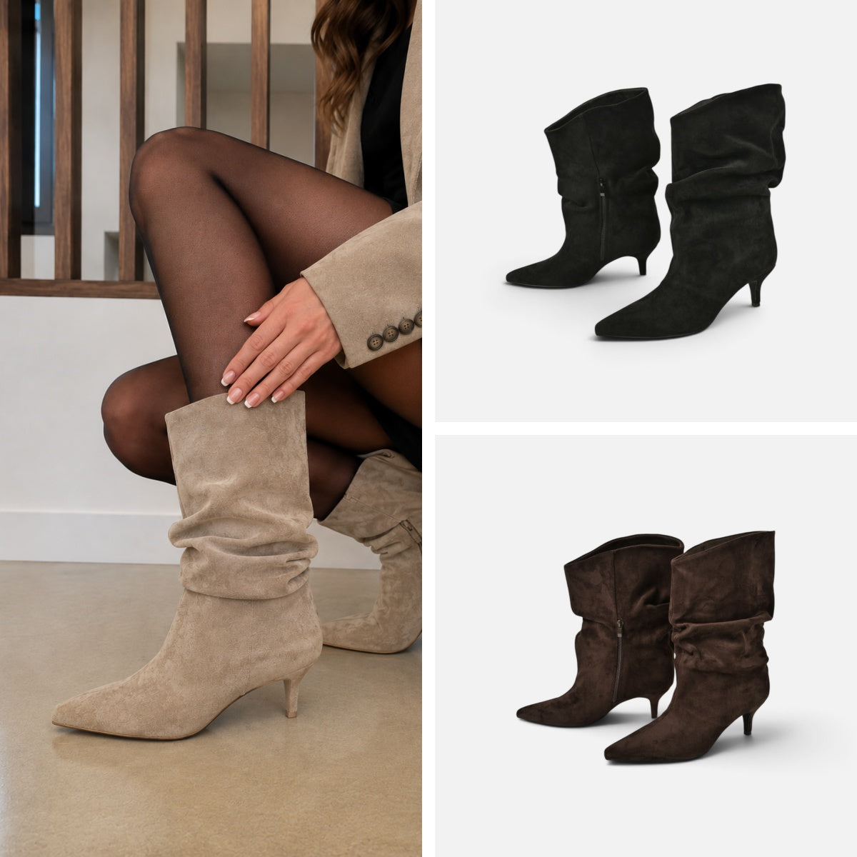 Botas de media caña fruncidas para mujer con tacón fino bajo, punta afilada, efecto ante, cierre de cremallera, botas a media pantorrilla