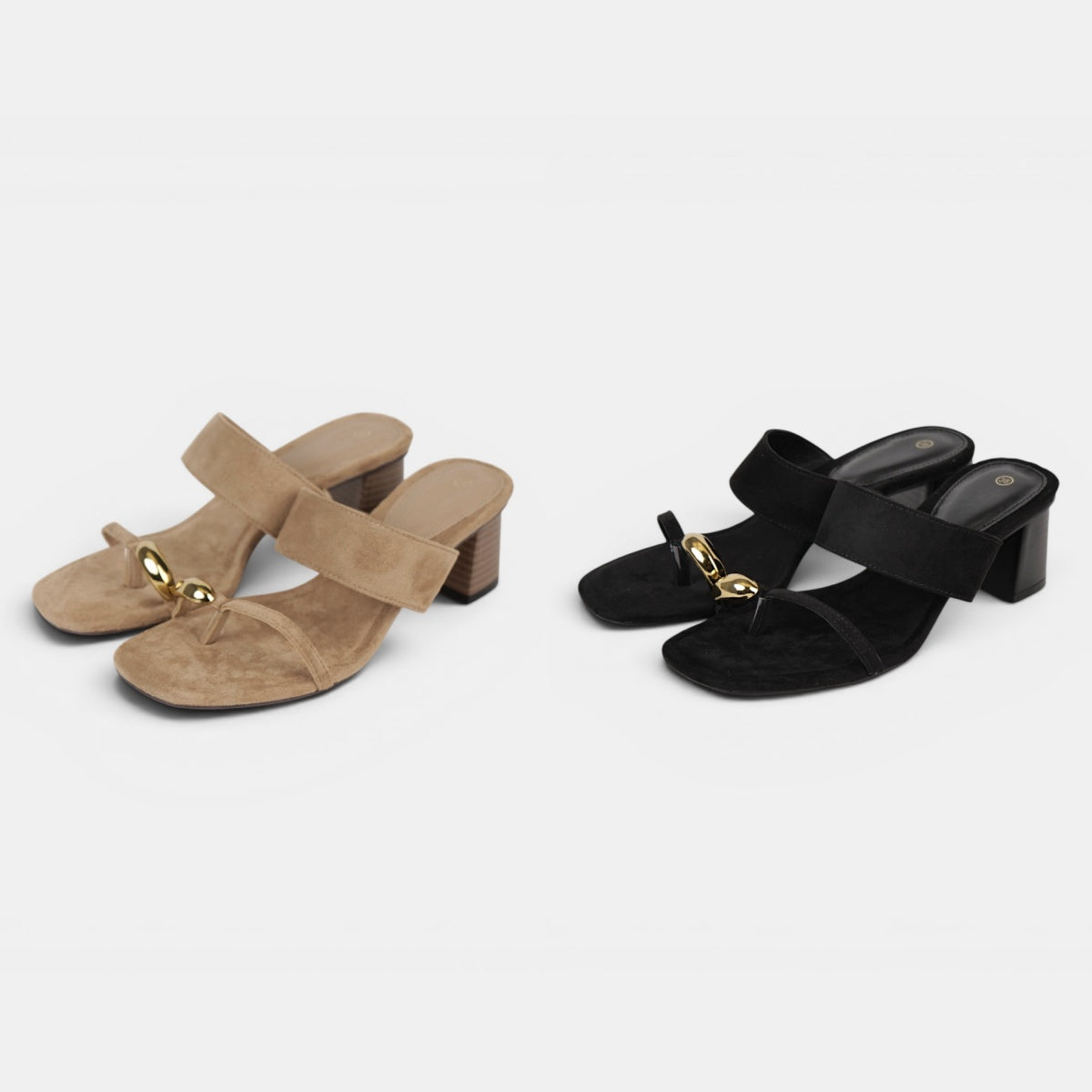 Sandalias Anillo de Tacón Medio Minimalista, Sandalias efecto ante con detalle metálico dorado y dedo separado, mules elegantes y cómodas para mujer en color negro y beige camel, ideales para looks casual chic, oficina y eventos de verano
