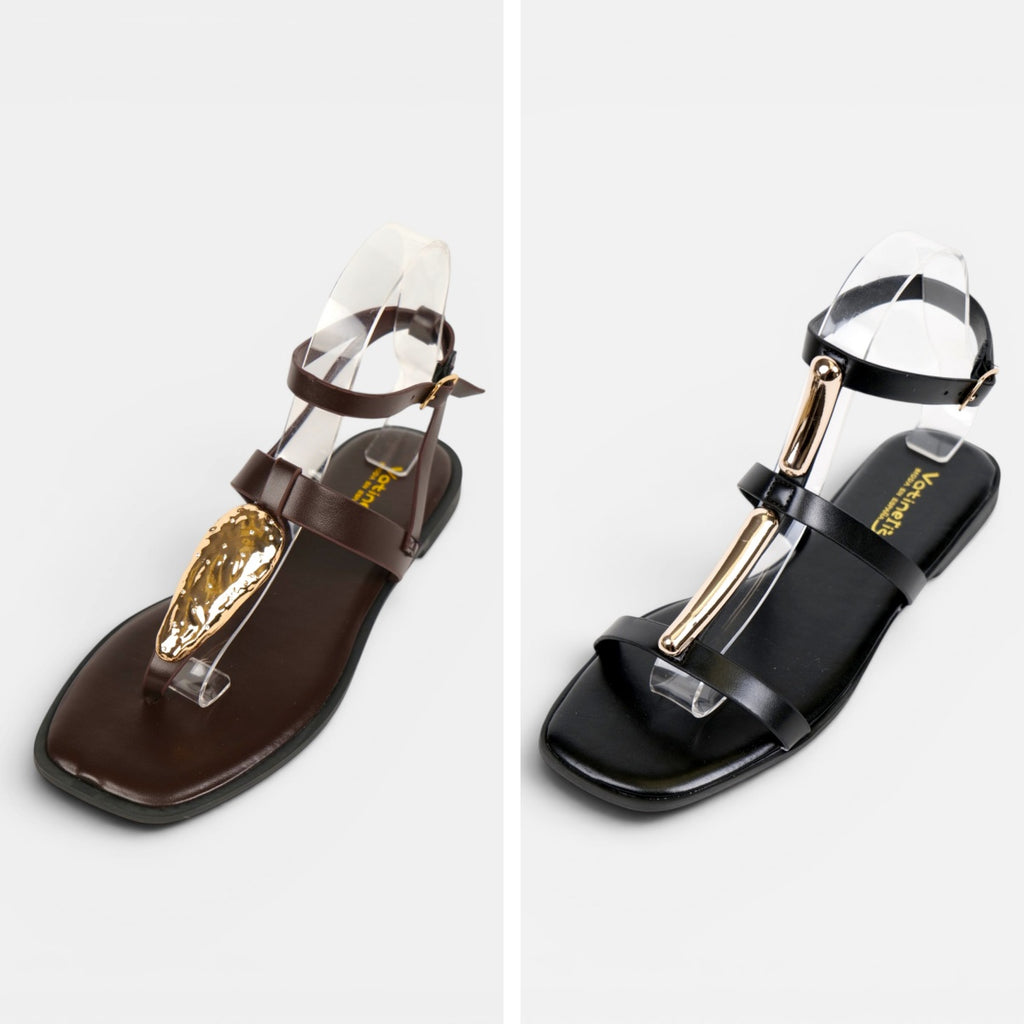 Sandalias Detalle Metálico Dorado con Separación para el Dedo, Sandalias Planas Mujer y Pulsera al Tobillo para Vestidos, Faldas, Shorts y Vaqueros