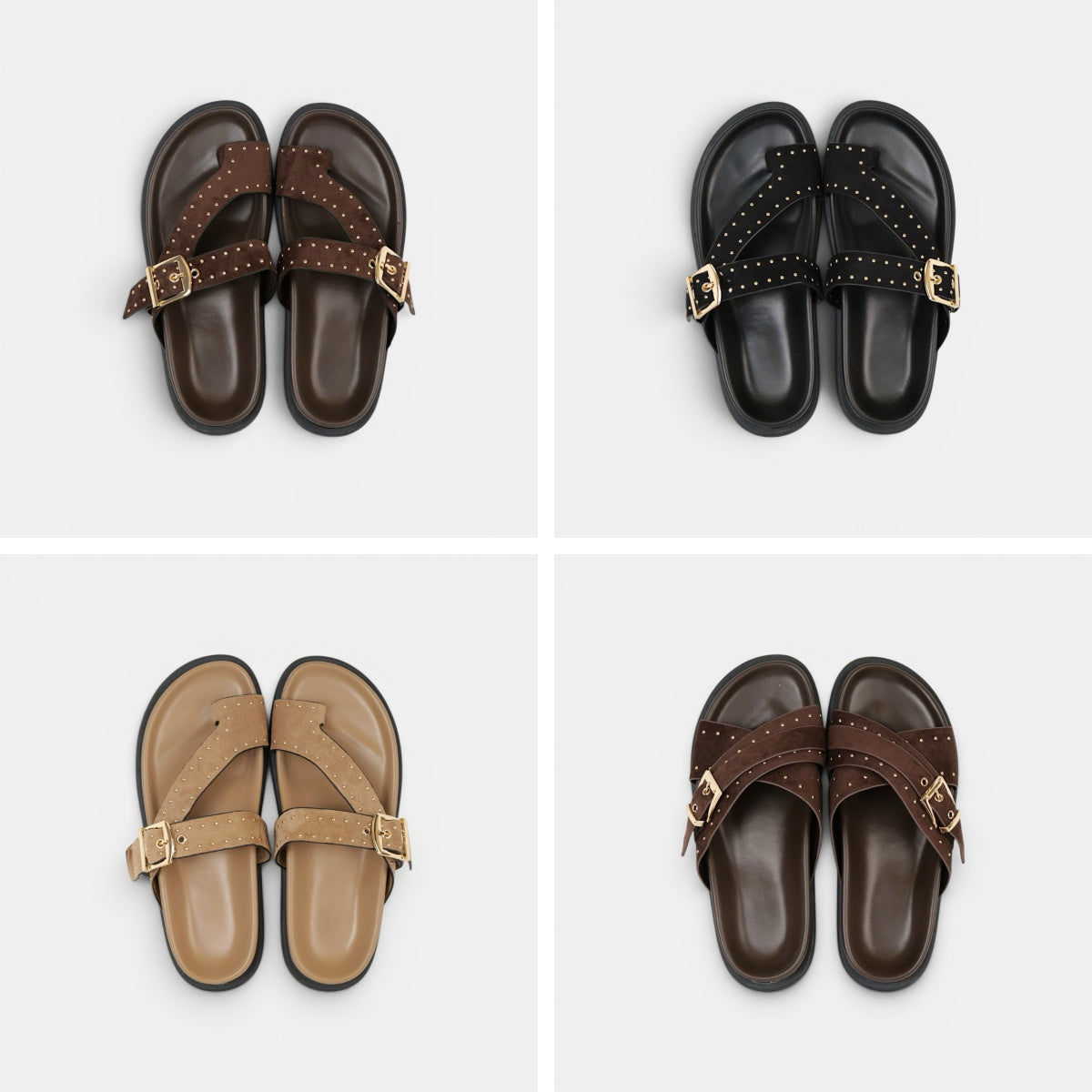 Sandalias planas para mujer con hebilla dorada y tachuelas, chanclas elegantes efecto ante en negro, camel y marrón chocolate