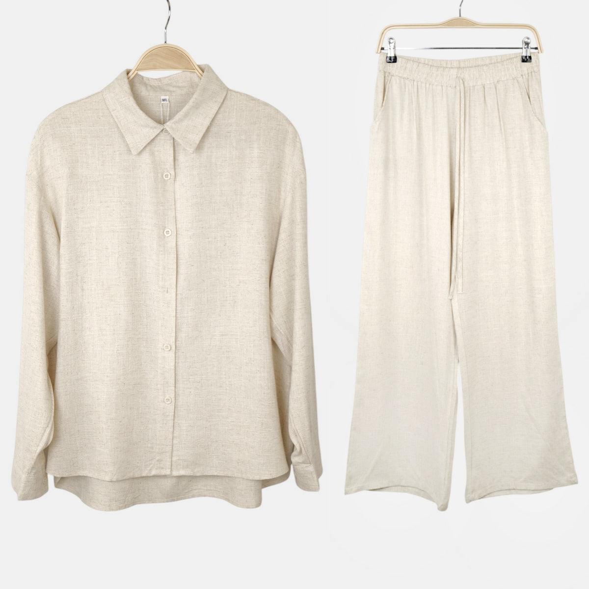 Conjunto mujer lino camisa manga larga y pantalón palazzo ancho cintura elástica, set dos piezas elegante casual holgado minimalista outfit verano cómodo estilo classy moda femenina