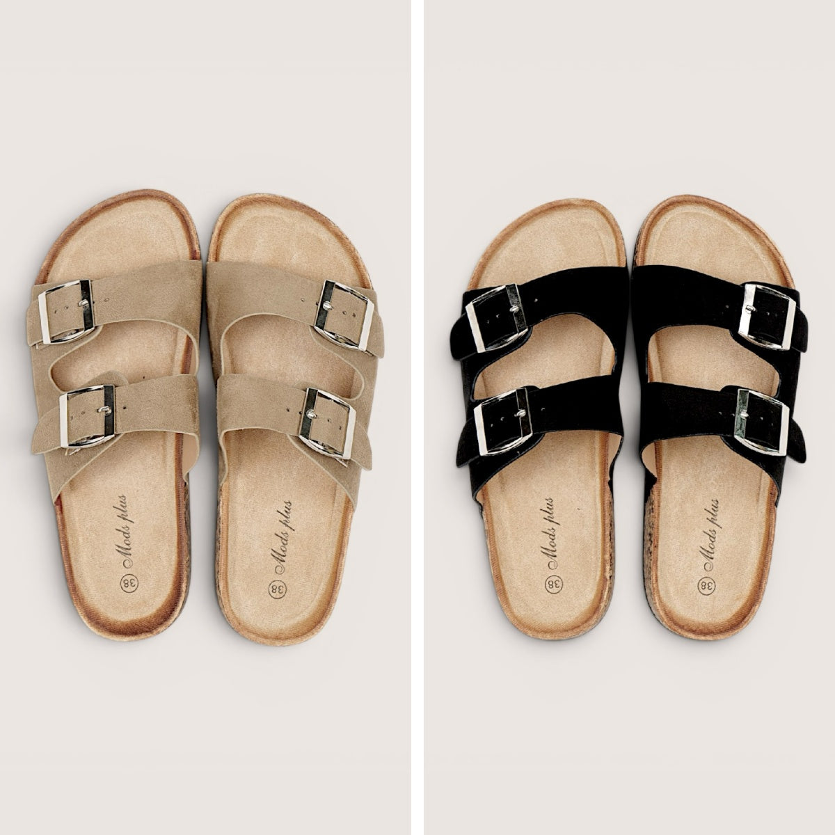 Sandalias planas mujer doble hebilla ajustable para el día a día Sandalias casuales verano con tiras anchas y hebillas metálicas en negro y beige