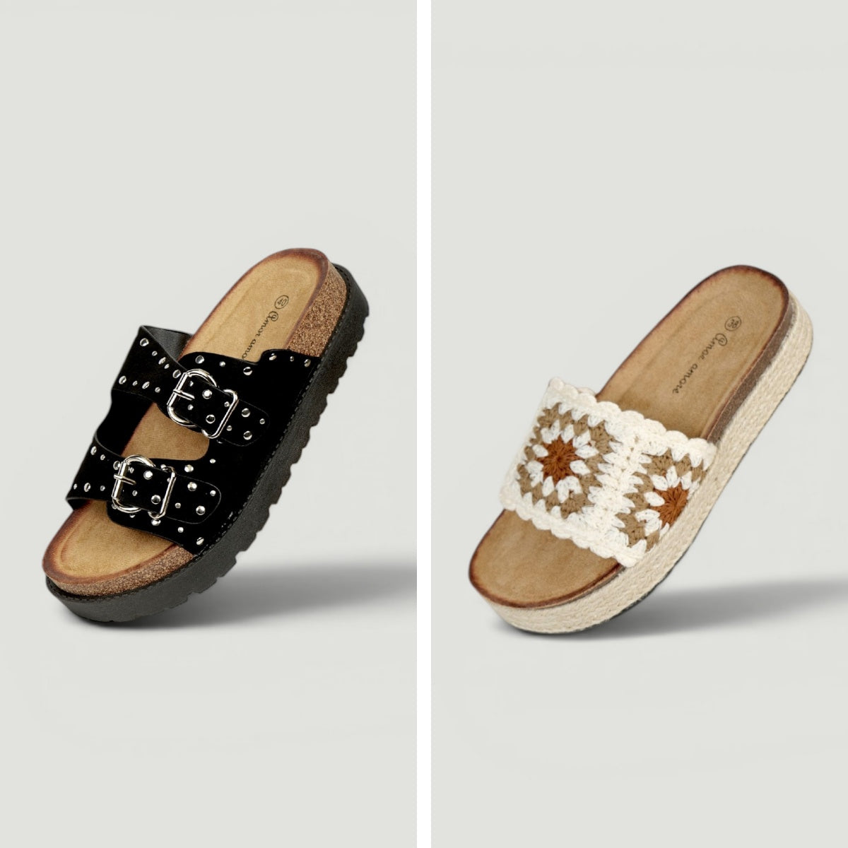 Sandalias Bio con Plataforma y Doble Hebilla de Velcro, Hebilla con Tachuales, Tira Ancha de Crochet Floral