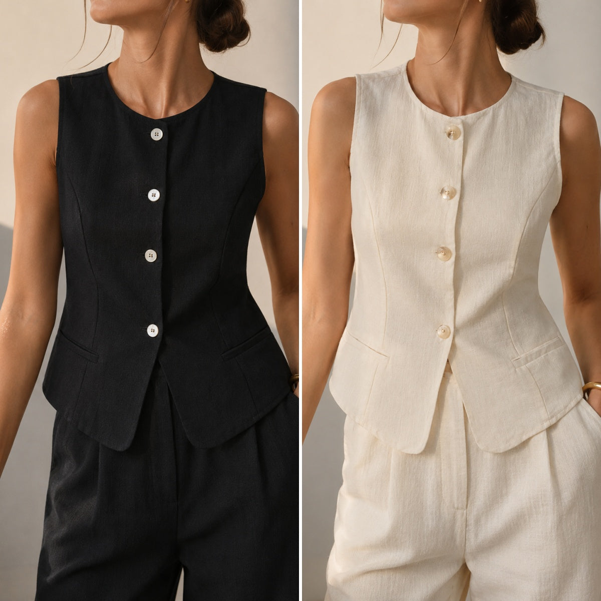 Chaleco elegante de mujer sin mangas con botones delanteros en beige y negro, estilo minimalista sofisticado para oficina, cenas, eventos y looks casual chic, fácil de combinar con jeans, pantalones palazzo o faldas