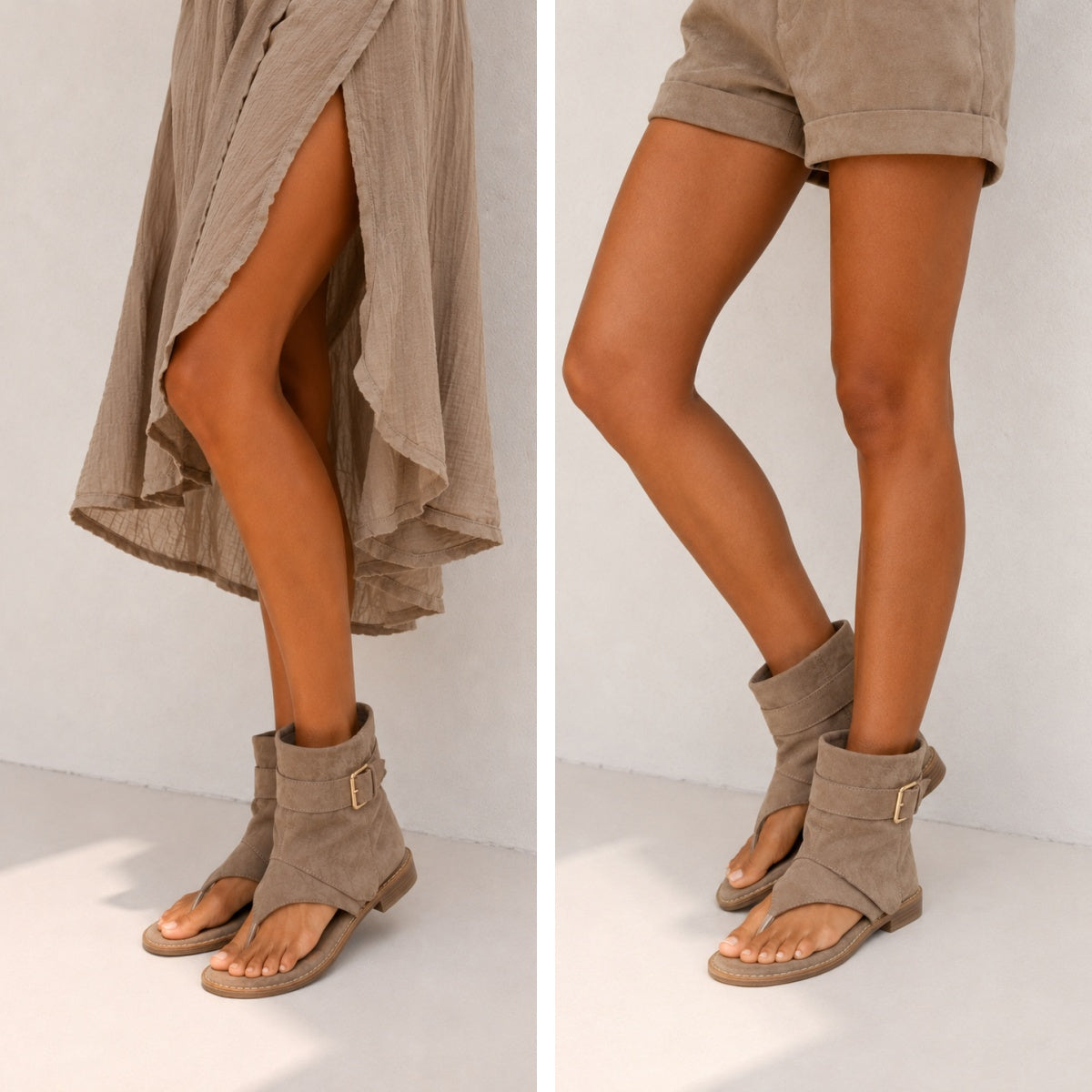 Sandalias Tipo Botín con Separación para el Dedo, Hebilla Decorativa y Acabado Efecto Ante en Color Taupe y Chocolate para Verano, Vacaciones y Looks Boho