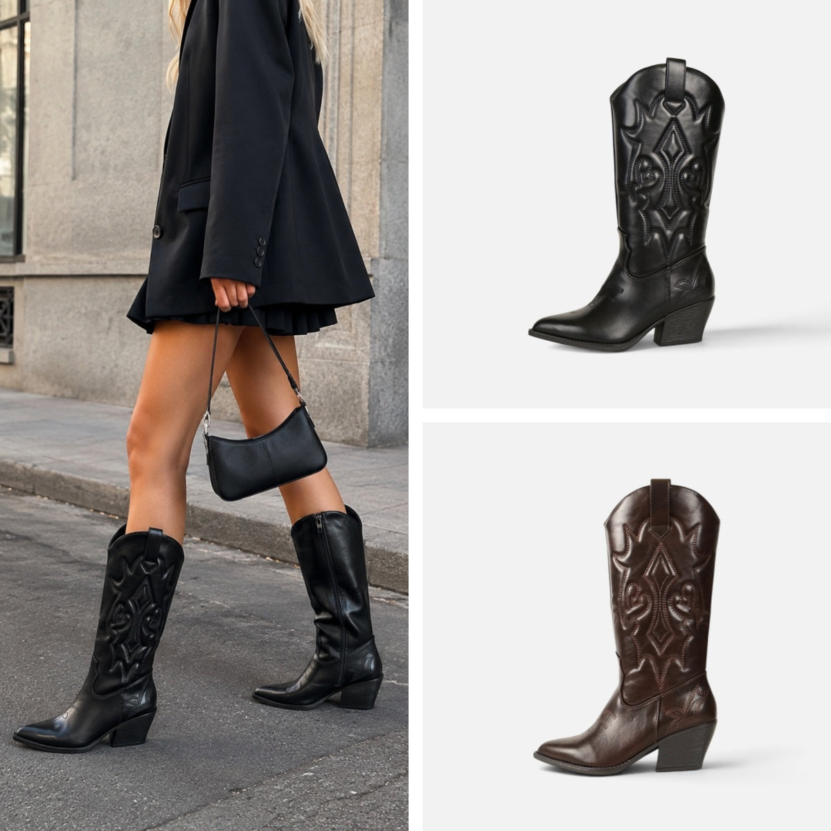 Botas cowboy altas para mujer de cuero sintético con brillo elegante, tacón ancho, punta afilada, bordados en relieve, estilo western campero, negro y marrón