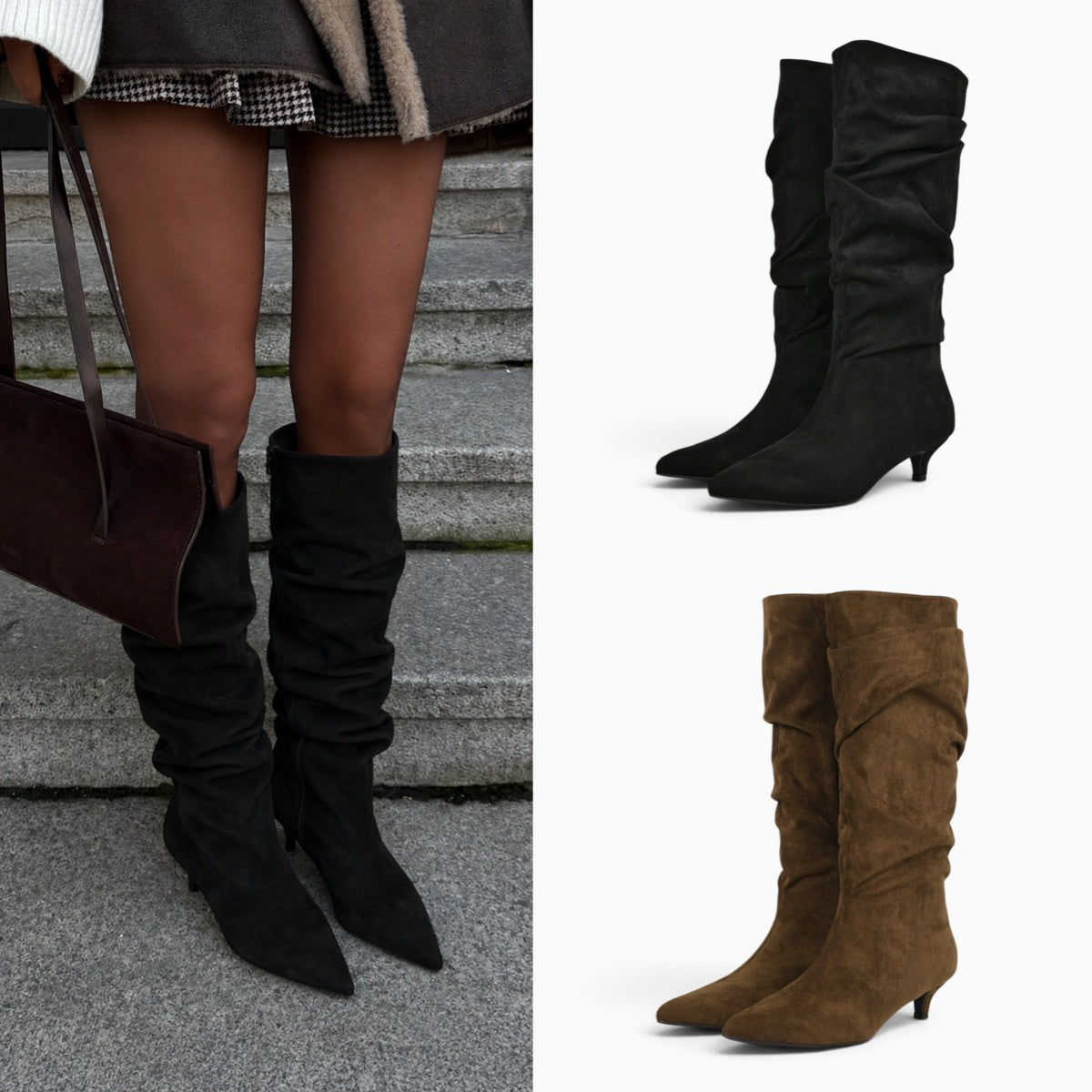 Botas altas fruncidas para mujer con tacón bajo, punta afilada, efecto ante, caña alta arrugada, botas elegantes cómodas otoño invierno