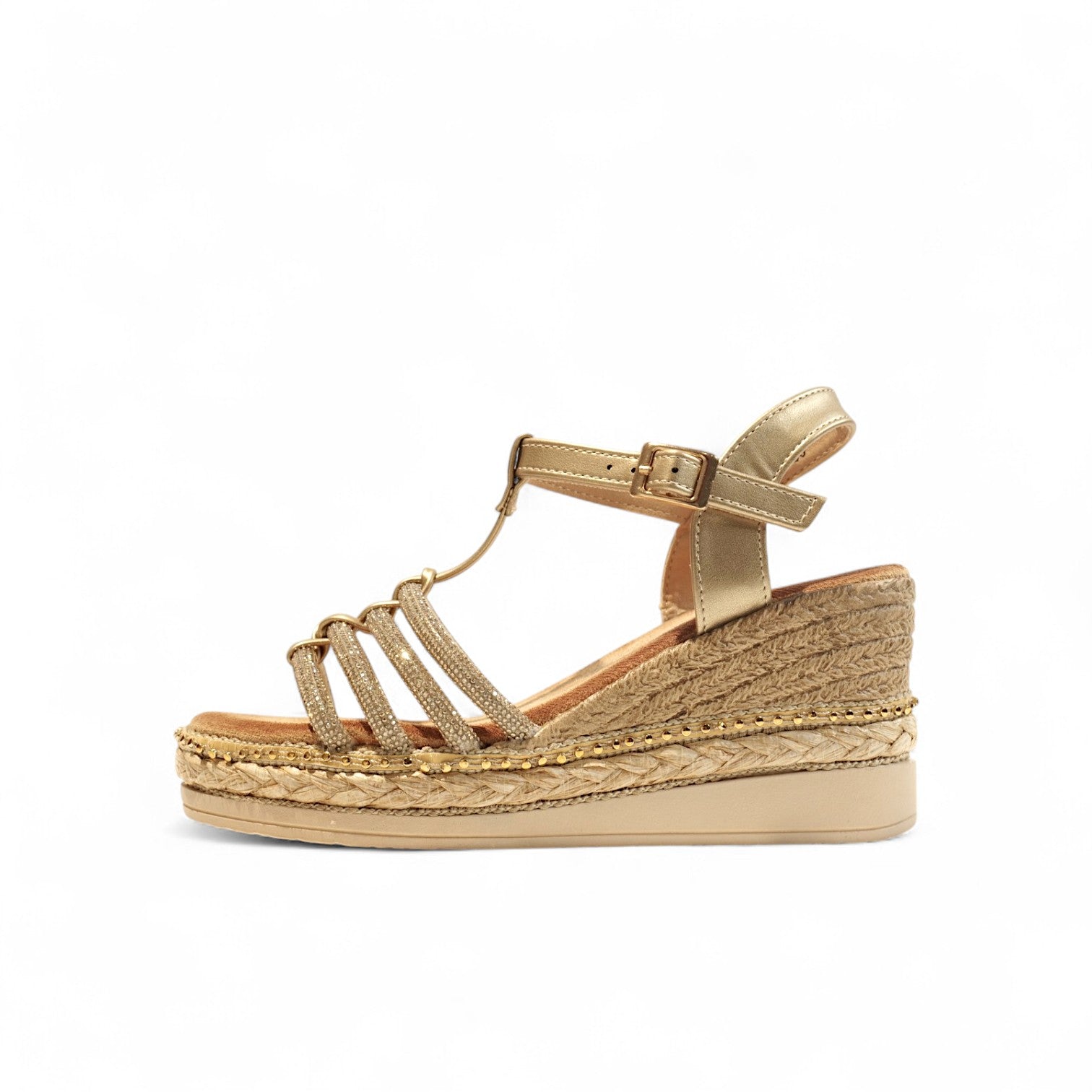 Sandalias de Cuña Doradas con Tiras Brillantes
