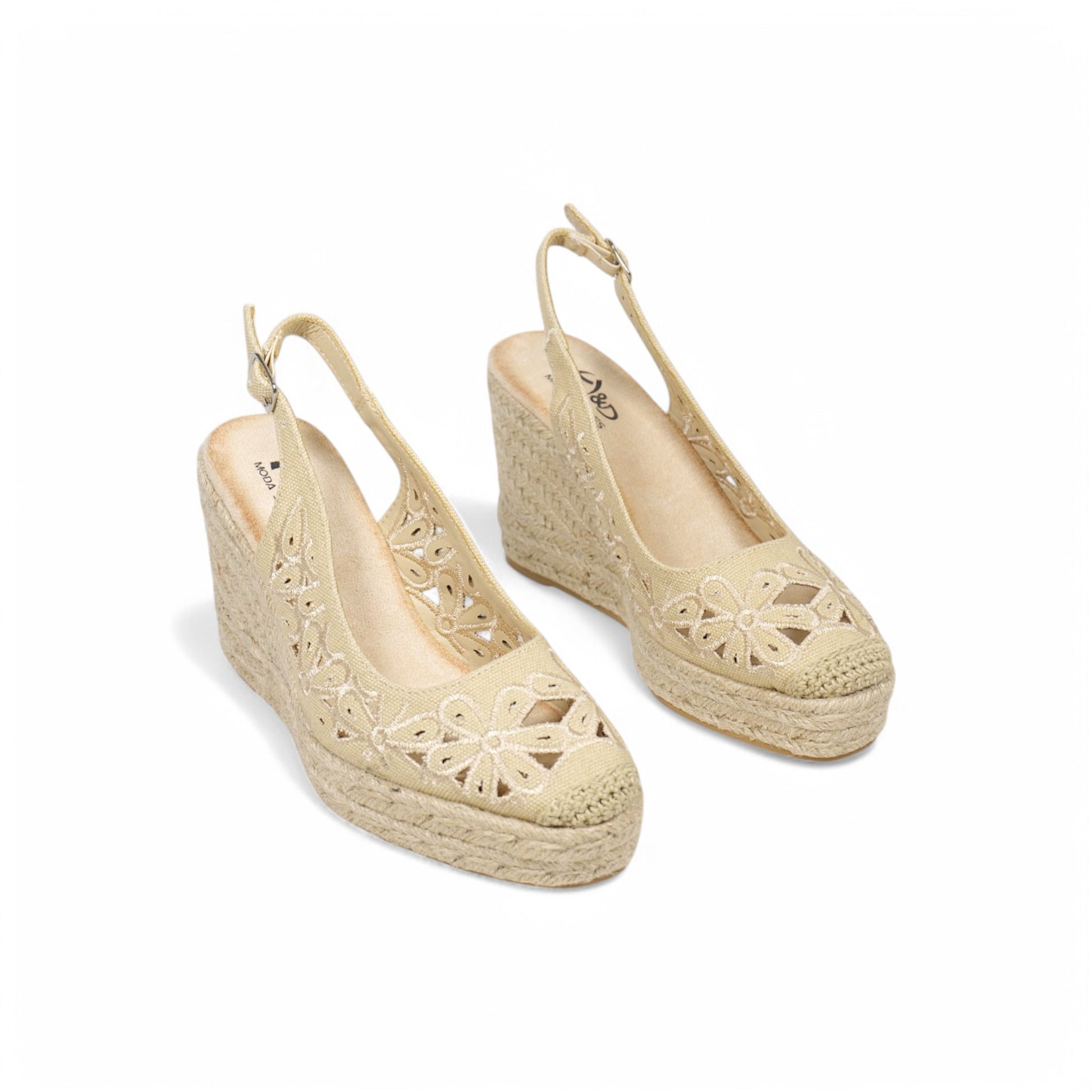Sandalias de cuña alta con plataforma para mujer, diseño calado floral y pulsera ajustable, estilo alpargata con suela de yute, elegantes y cómodas para verano, disponibles en beige, negro y azul