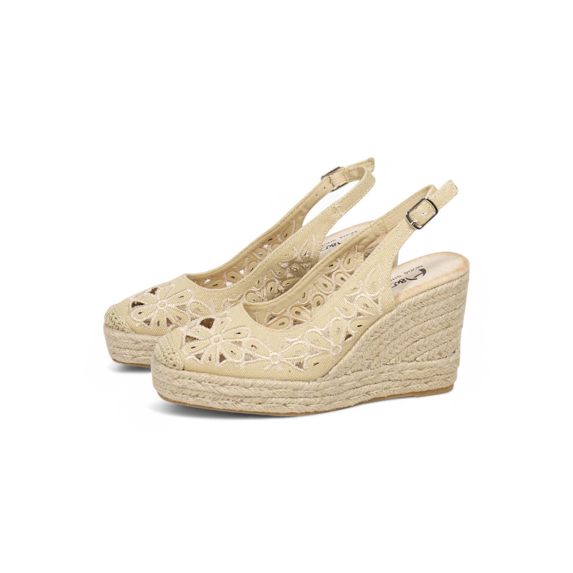 Sandalias de cuña alta con plataforma para mujer, diseño calado floral y pulsera ajustable, estilo alpargata con suela de yute, elegantes y cómodas para verano, disponibles en beige, negro y azul