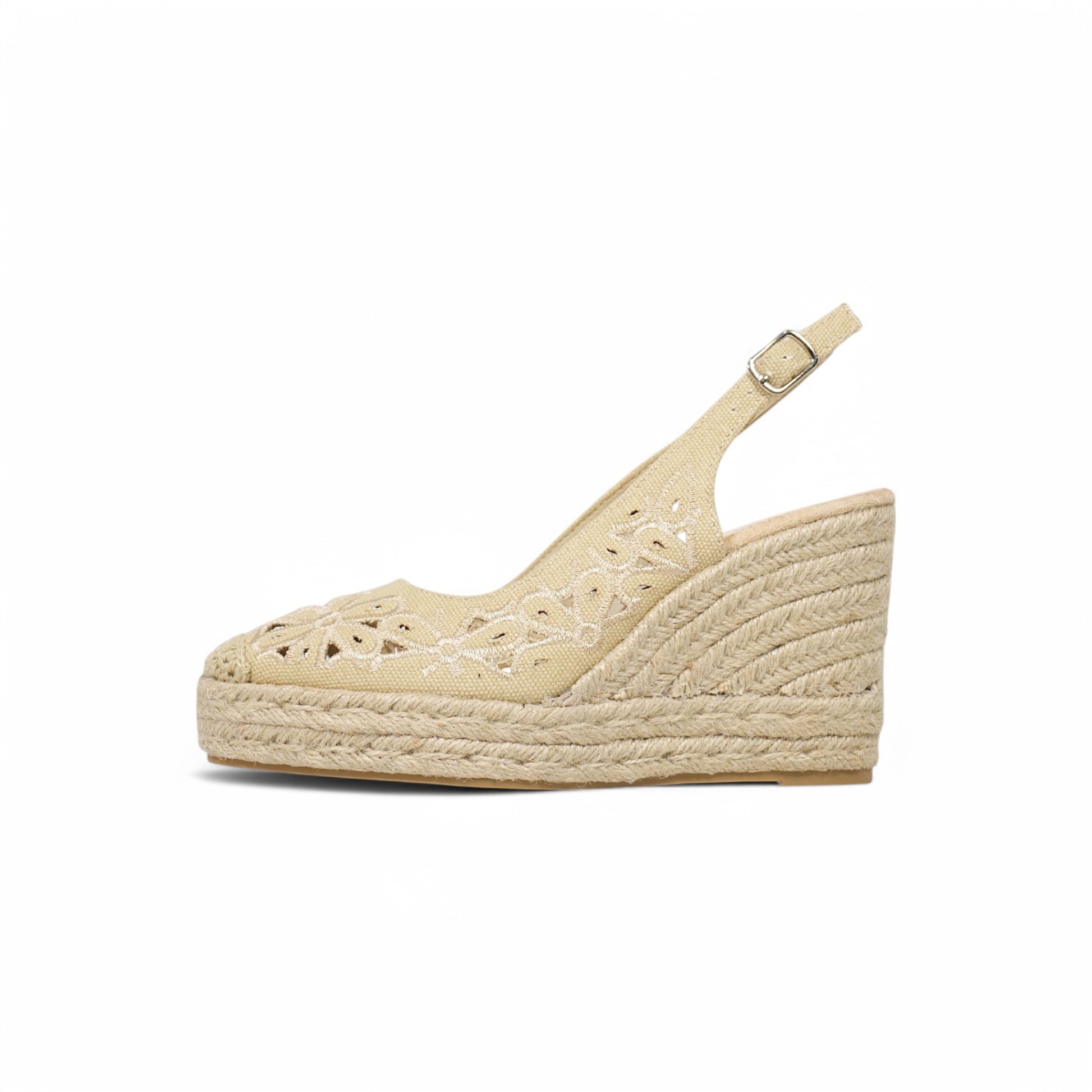 Sandalias de cuña alta con plataforma para mujer, diseño calado floral y pulsera ajustable, estilo alpargata con suela de yute, elegantes y cómodas para verano, disponibles en beige, negro y azul