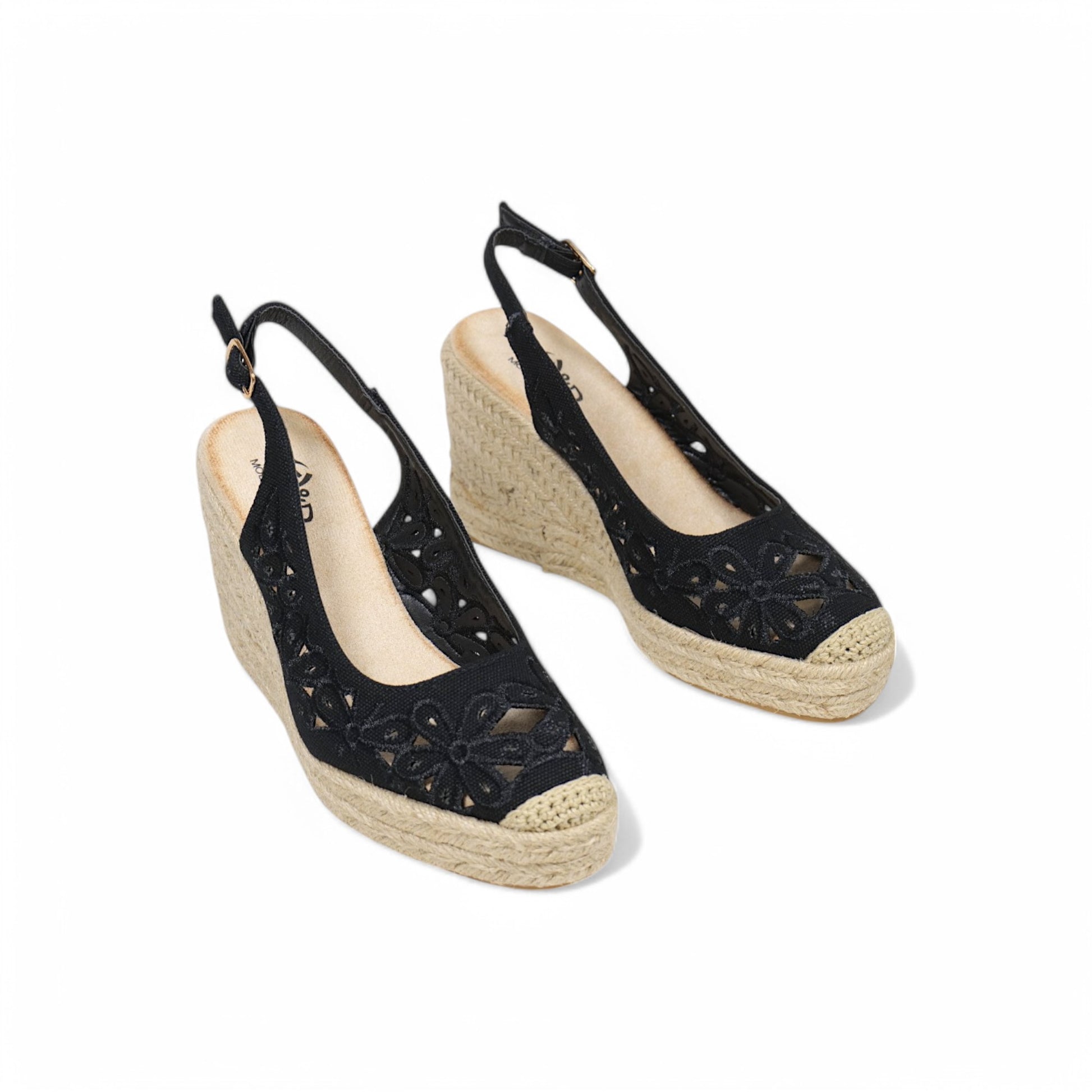 Sandalias de cuña alta con plataforma para mujer, diseño calado floral y pulsera ajustable, estilo alpargata con suela de yute, elegantes y cómodas para verano, disponibles en beige, negro y azul