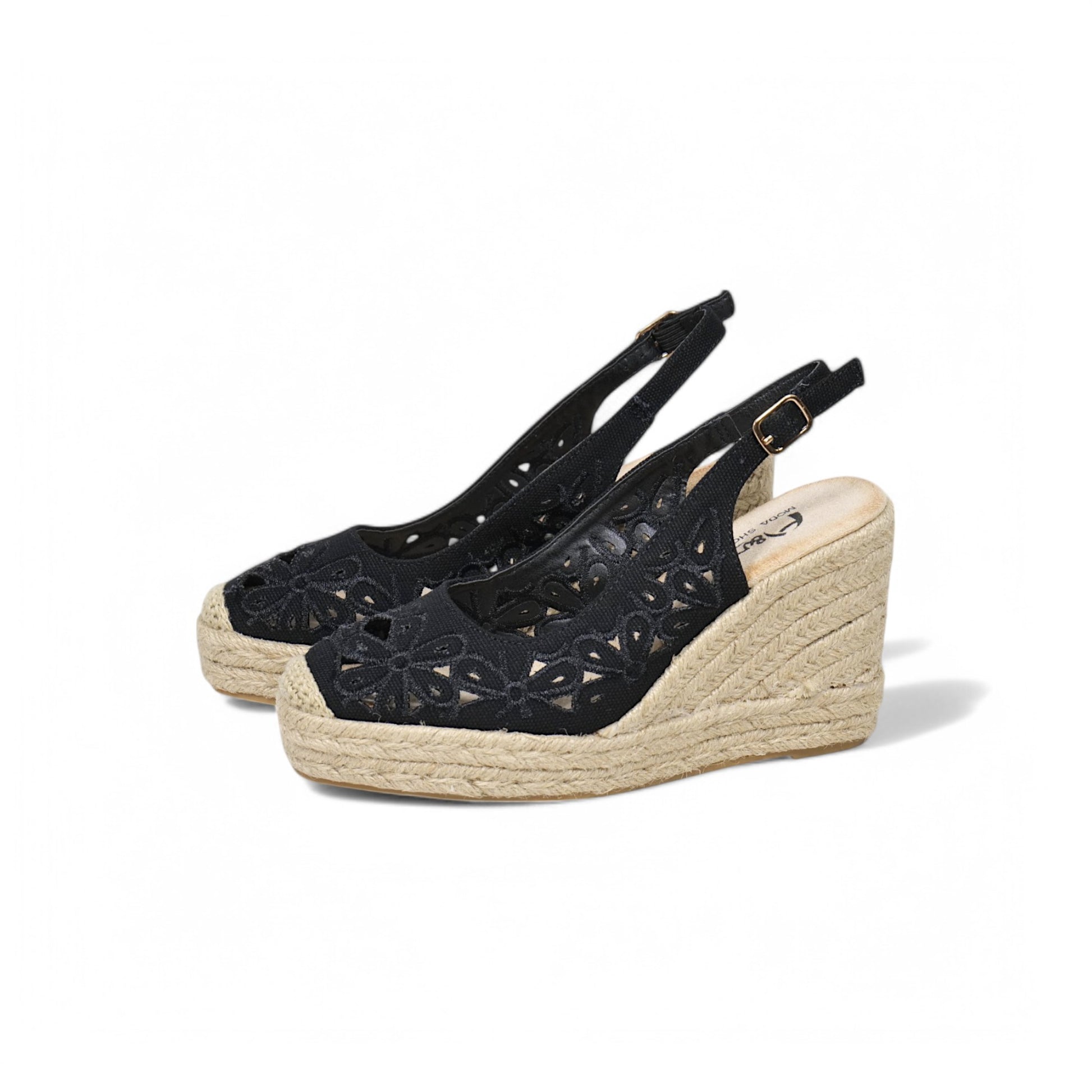 Sandalias de cuña alta con plataforma para mujer, diseño calado floral y pulsera ajustable, estilo alpargata con suela de yute, elegantes y cómodas para verano, disponibles en beige, negro y azul