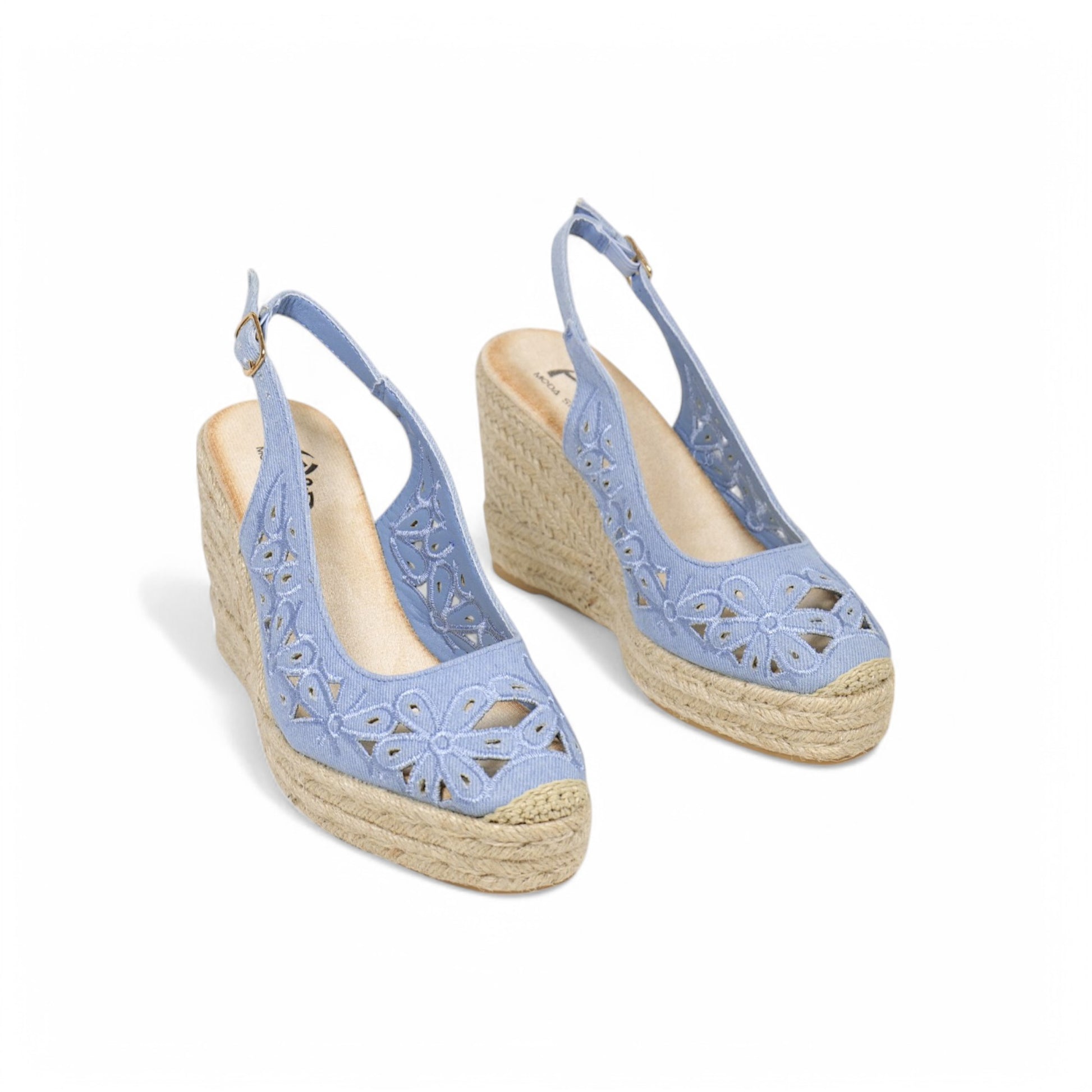 Sandalias de cuña alta con plataforma para mujer, diseño calado floral y pulsera ajustable, estilo alpargata con suela de yute, elegantes y cómodas para verano, disponibles en beige, negro y azul