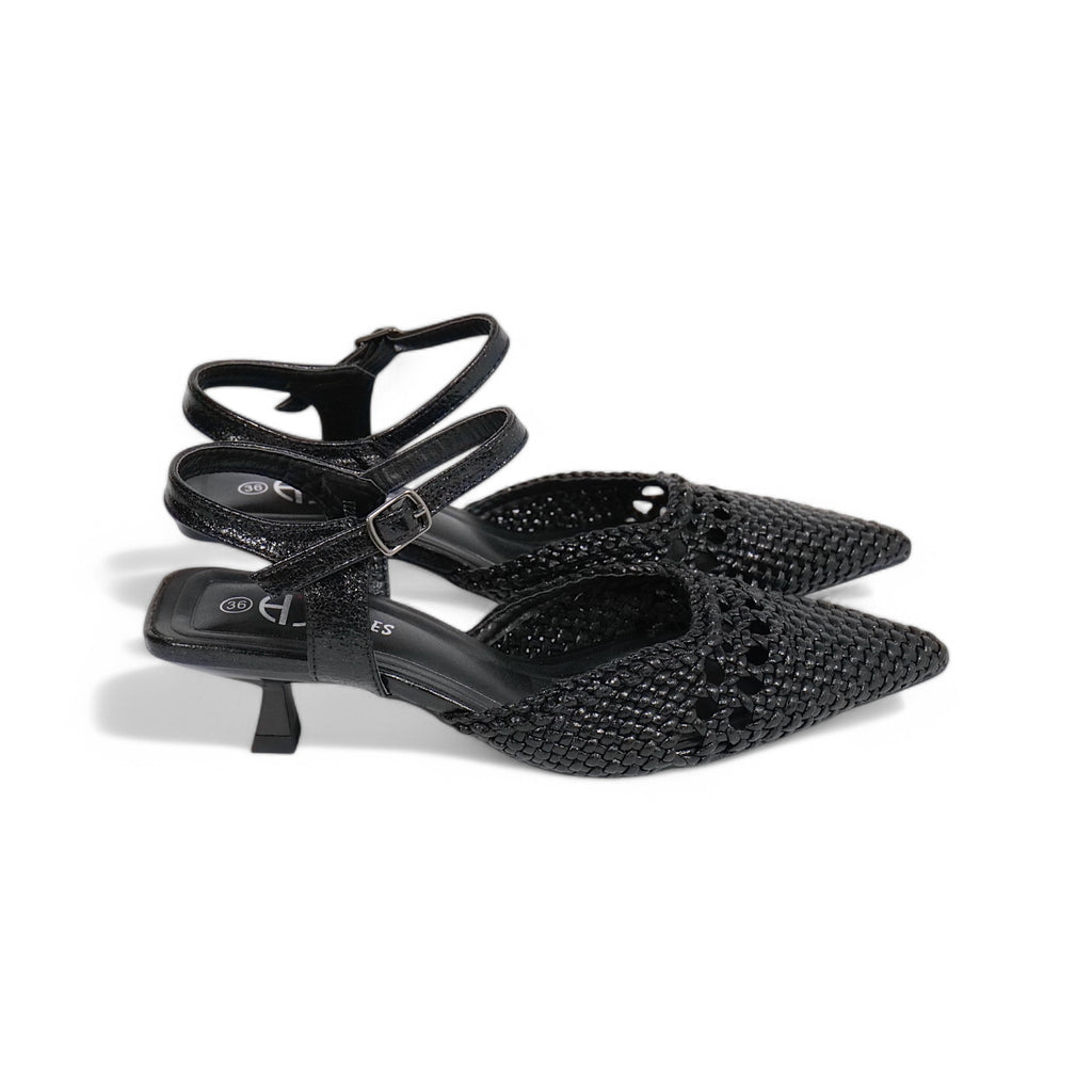 Zapatos de tacón bajo tipo slingback con punta fina, diseño trenzado calado metalizado, sandalias elegantes con pulsera al tobillo y hebilla ajustable, tacón kitten para fiesta, eventos y looks de verano