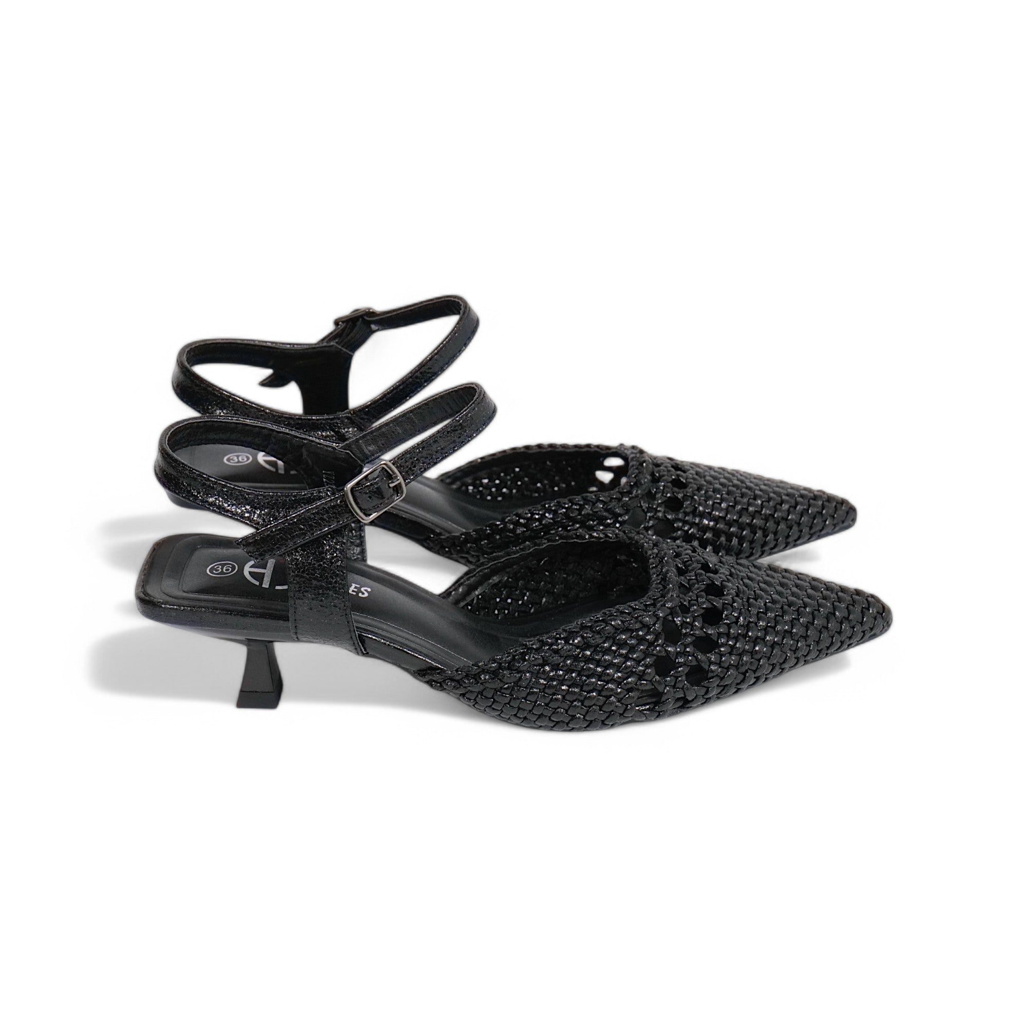Zapatos de tacón bajo tipo slingback con punta fina, diseño trenzado calado metalizado, sandalias elegantes con pulsera al tobillo y hebilla ajustable, tacón kitten para fiesta, eventos y looks de verano