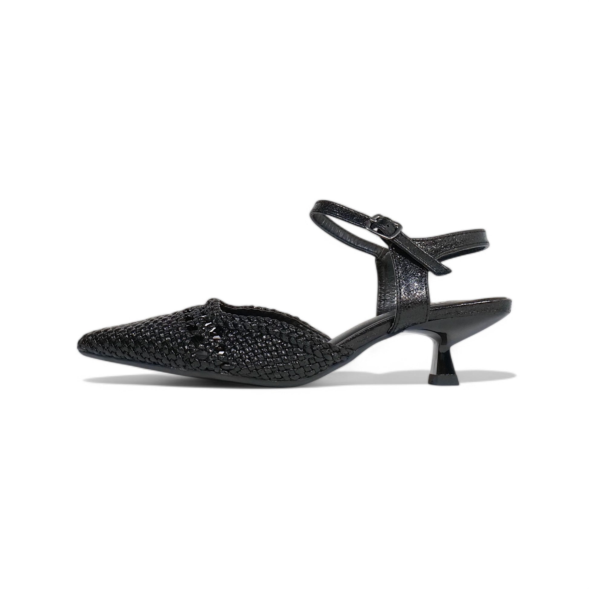 Zapatos de tacón bajo tipo slingback con punta fina, diseño trenzado calado metalizado, sandalias elegantes con pulsera al tobillo y hebilla ajustable, tacón kitten para fiesta, eventos y looks de verano
