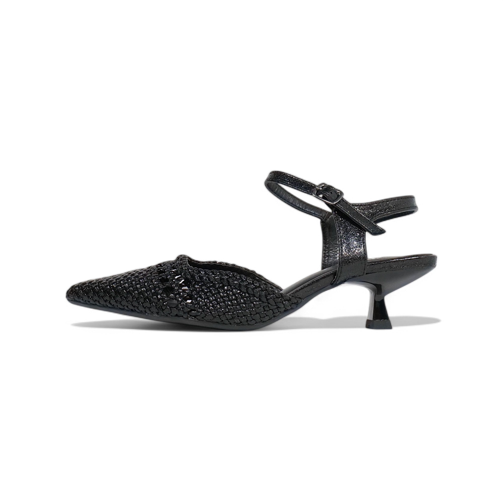Zapatos de tacón bajo tipo slingback con punta fina, diseño trenzado calado metalizado, sandalias elegantes con pulsera al tobillo y hebilla ajustable, tacón kitten para fiesta, eventos y looks de verano