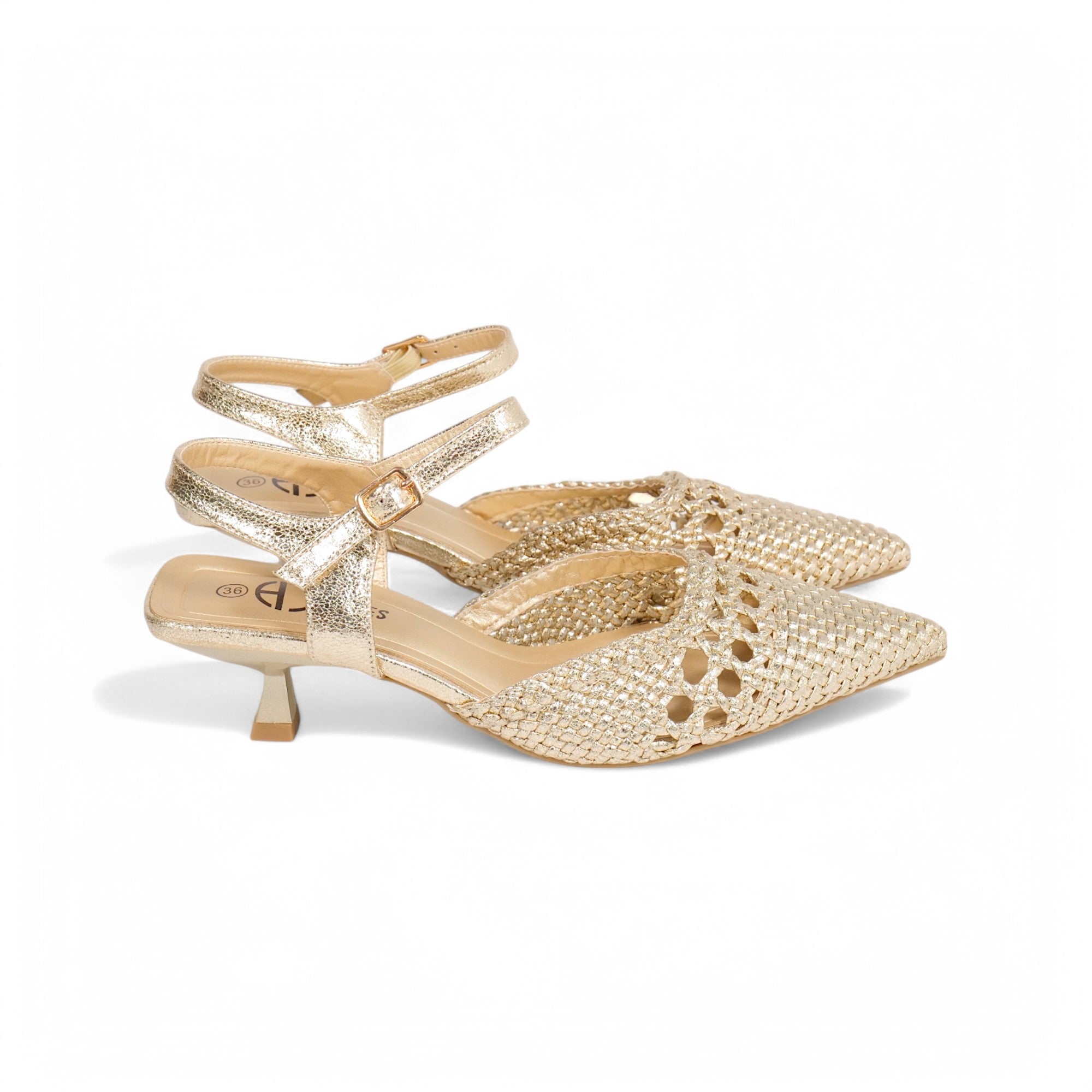 Zapatos de tacón bajo tipo slingback con punta fina, diseño trenzado calado metalizado, sandalias elegantes con pulsera al tobillo y hebilla ajustable, tacón kitten para fiesta, eventos y looks de verano