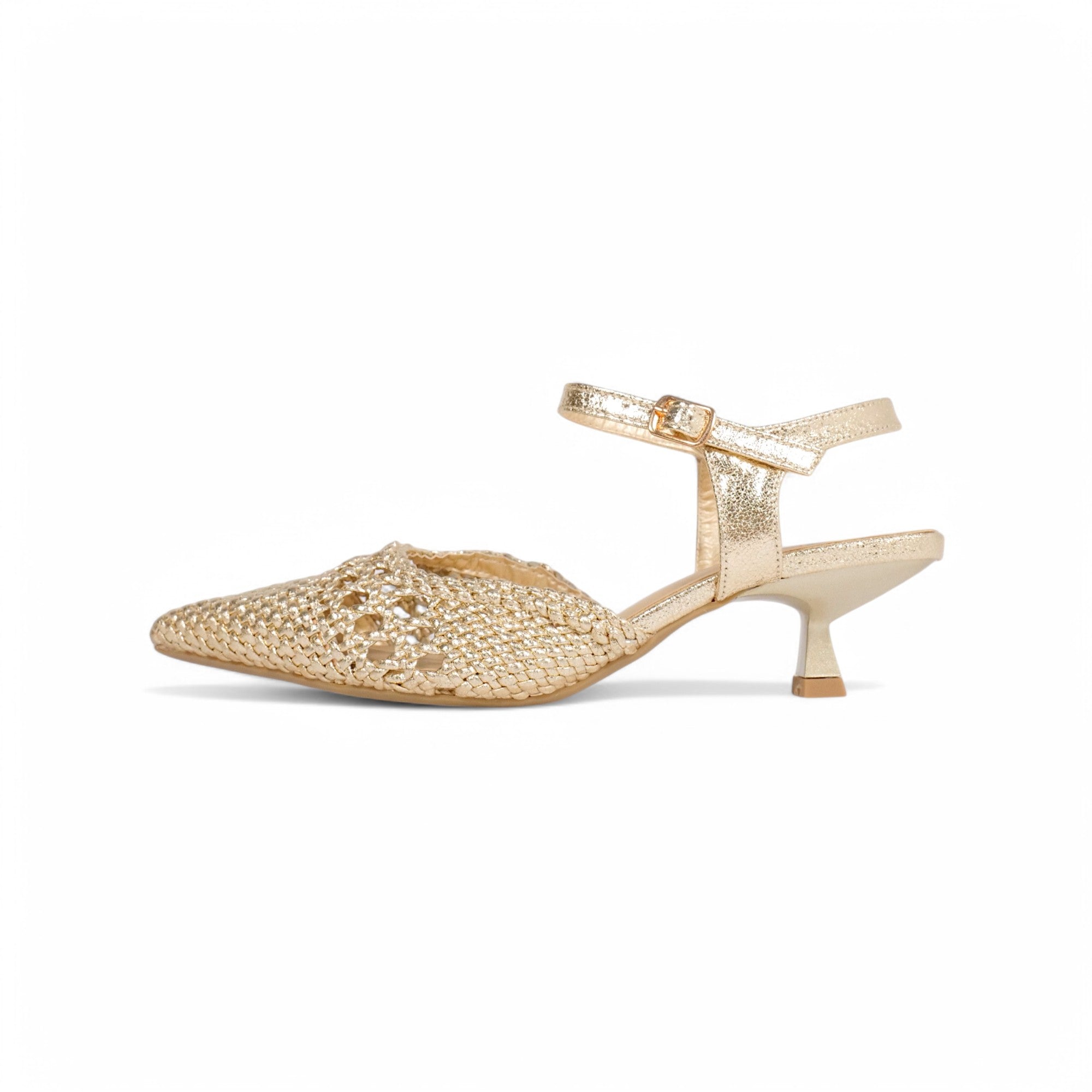 Zapatos de tacón bajo tipo slingback con punta fina, diseño trenzado calado metalizado, sandalias elegantes con pulsera al tobillo y hebilla ajustable, tacón kitten para fiesta, eventos y looks de verano