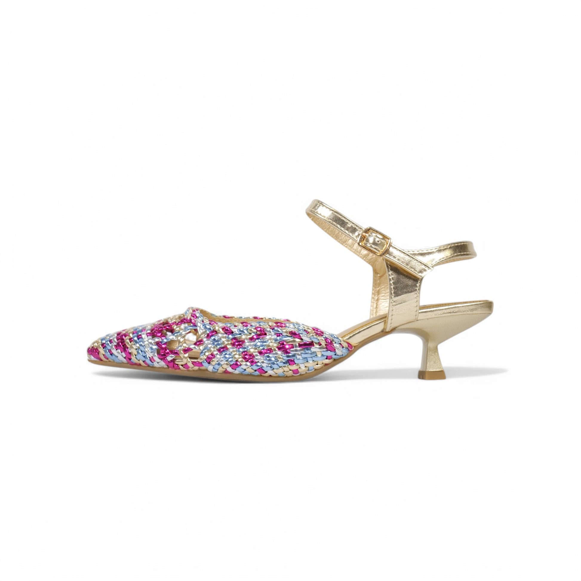 Zapatos de tacón bajo tipo slingback con punta fina, diseño trenzado calado metalizado, sandalias elegantes con pulsera al tobillo y hebilla ajustable, tacón kitten para fiesta, eventos y looks de verano