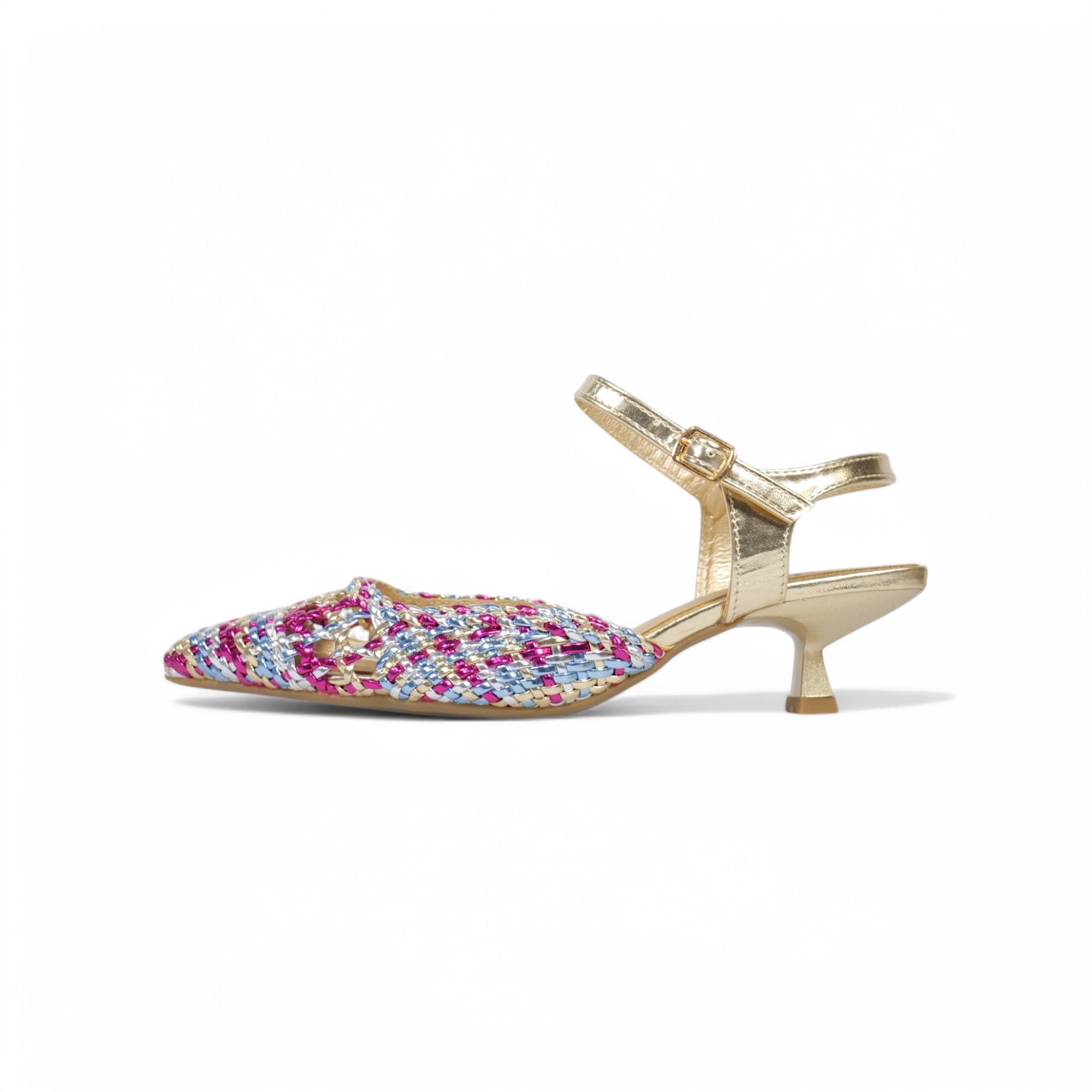 Zapatos de tacón bajo tipo slingback con punta fina, diseño trenzado calado metalizado, sandalias elegantes con pulsera al tobillo y hebilla ajustable, tacón kitten para fiesta, eventos y looks de verano