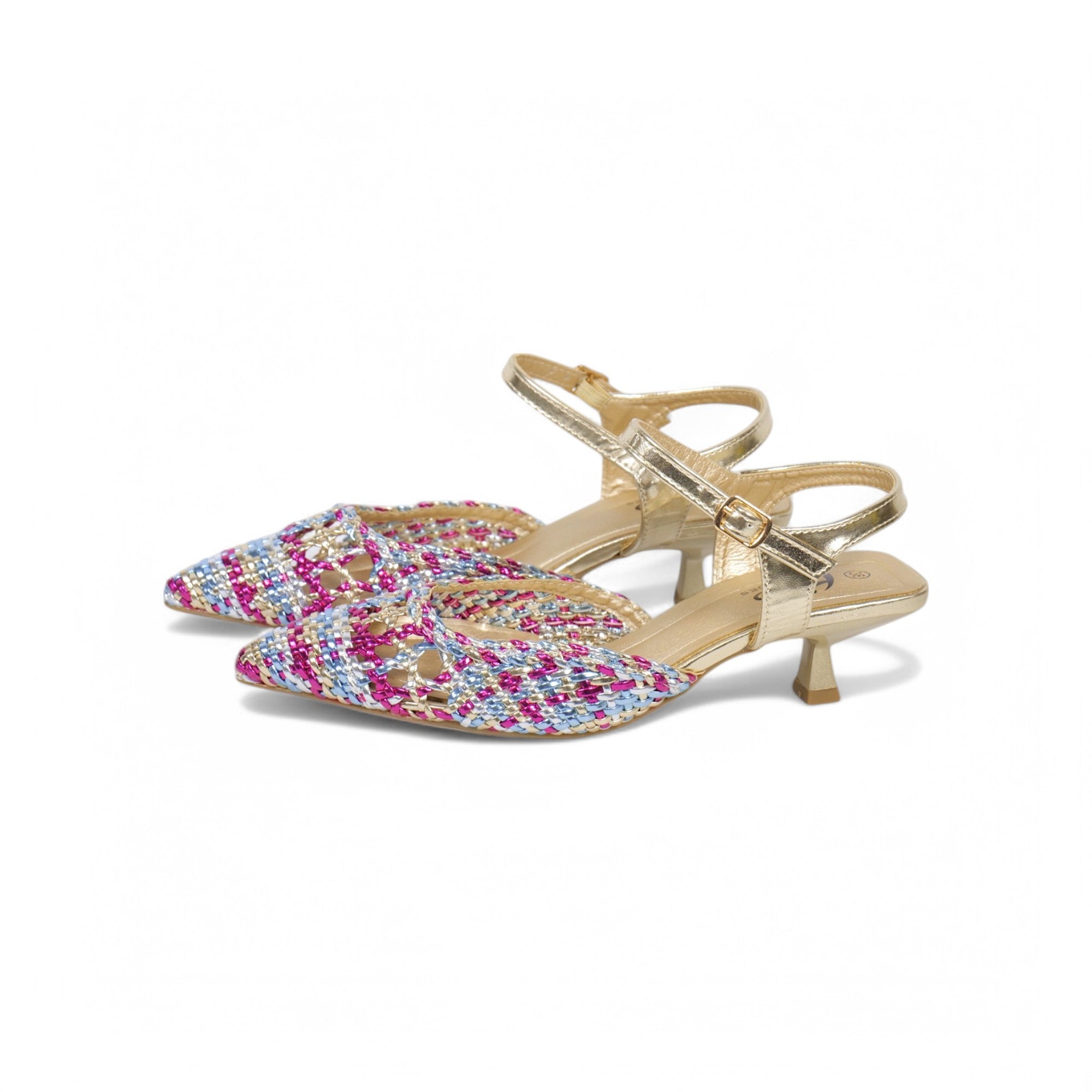 Zapatos de tacón bajo tipo slingback con punta fina, diseño trenzado calado metalizado, sandalias elegantes con pulsera al tobillo y hebilla ajustable, tacón kitten para fiesta, eventos y looks de verano