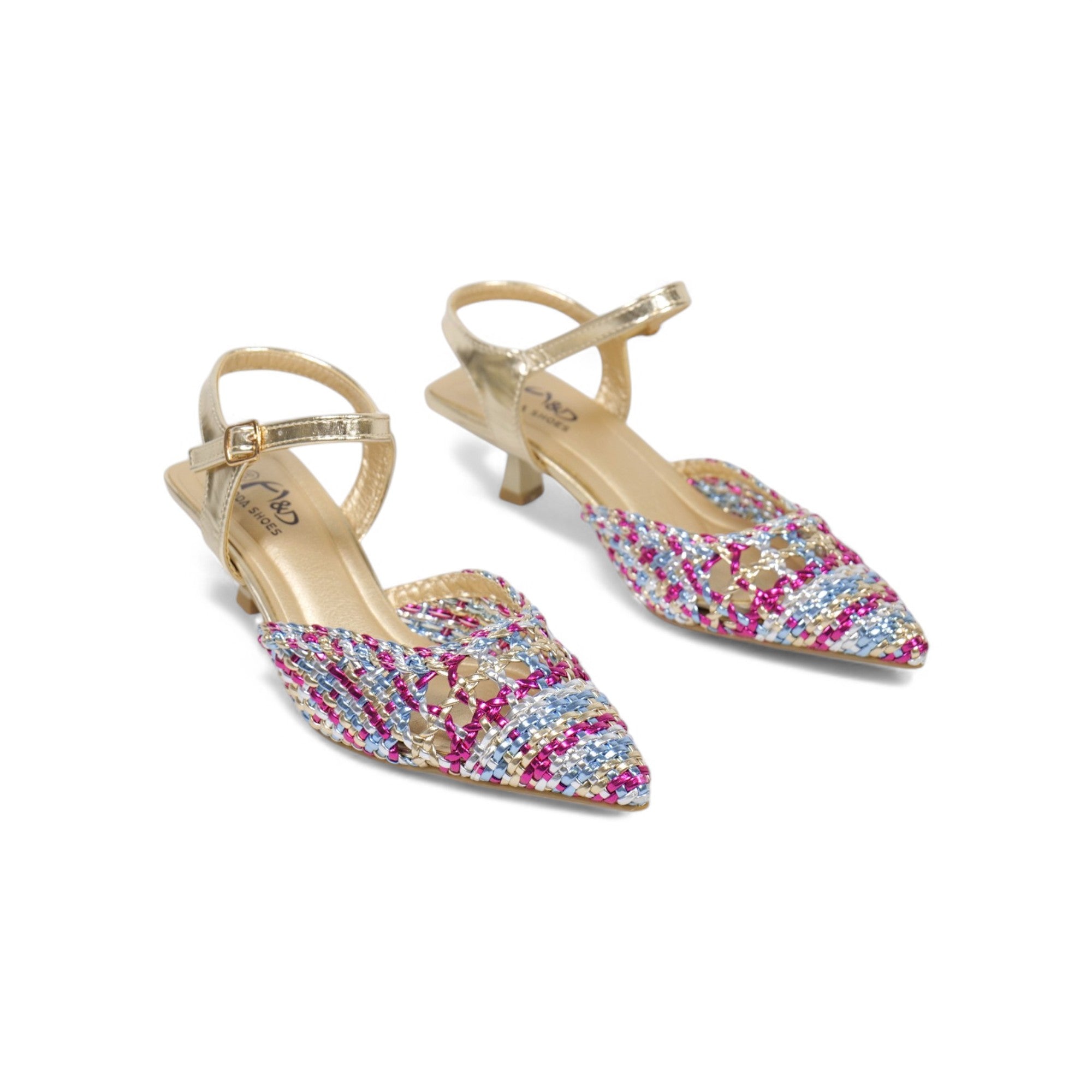 Zapatos de tacón bajo tipo slingback con punta fina, diseño trenzado calado metalizado, sandalias elegantes con pulsera al tobillo y hebilla ajustable, tacón kitten para fiesta, eventos y looks de verano