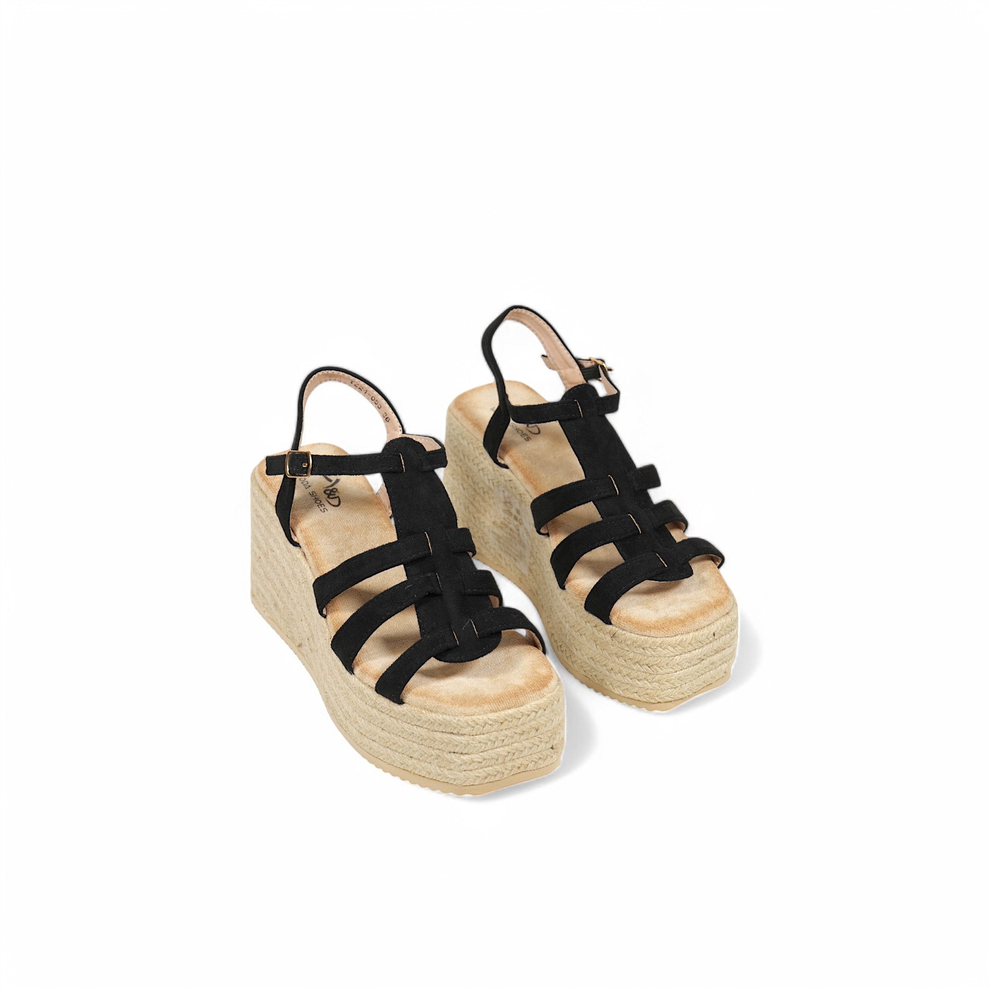 Sandalias de plataforma con cuña de yute y tiras finas cruzadas en efecto ante – Diseño cómodo y moderno para verano – Estilo boho chic disponible en negro, camel y dorado – Ideal para vestidos, shorts o jeans