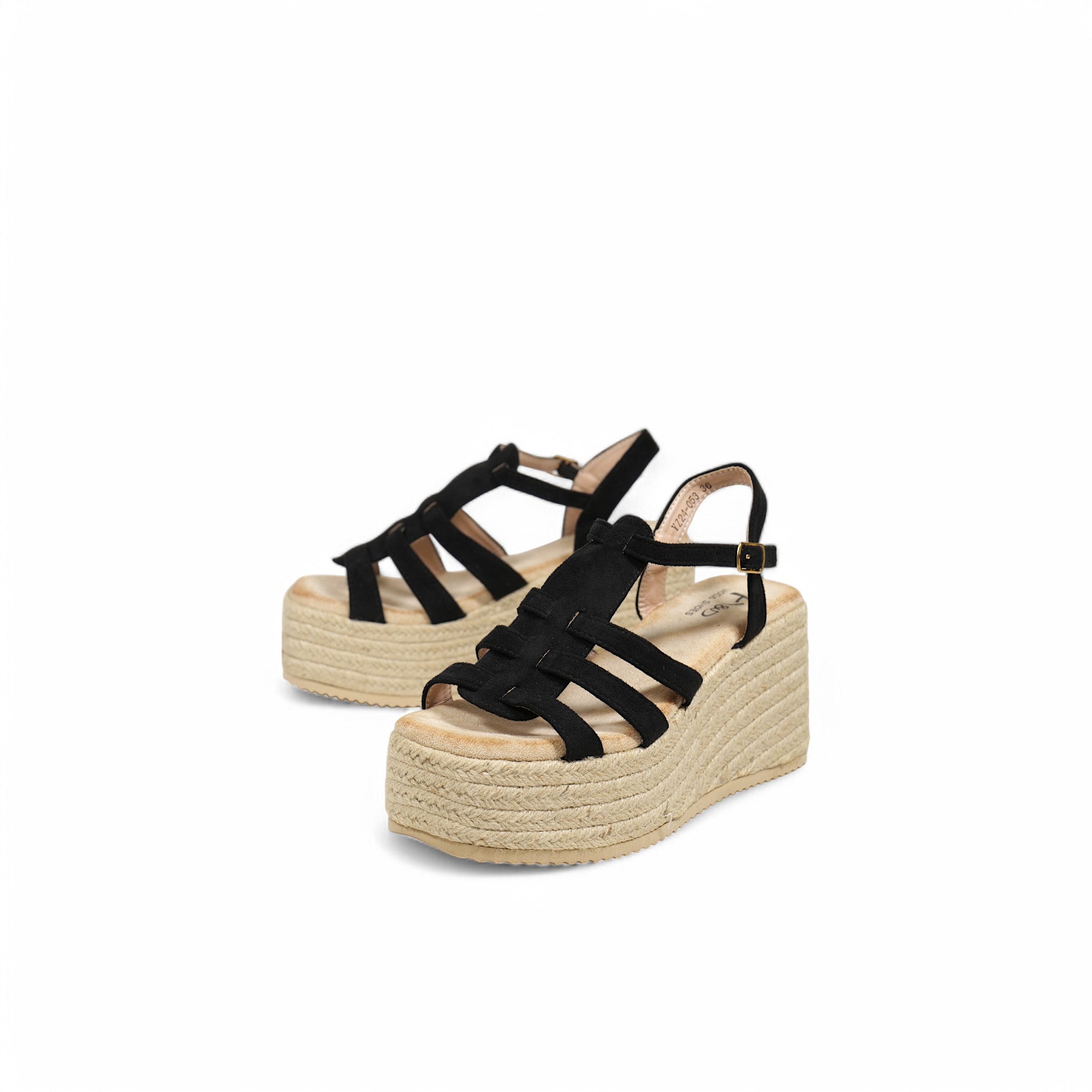 Sandalias de plataforma con cuña de yute y tiras finas cruzadas en efecto ante – Diseño cómodo y moderno para verano – Estilo boho chic disponible en negro, camel y dorado – Ideal para vestidos, shorts o jeans
